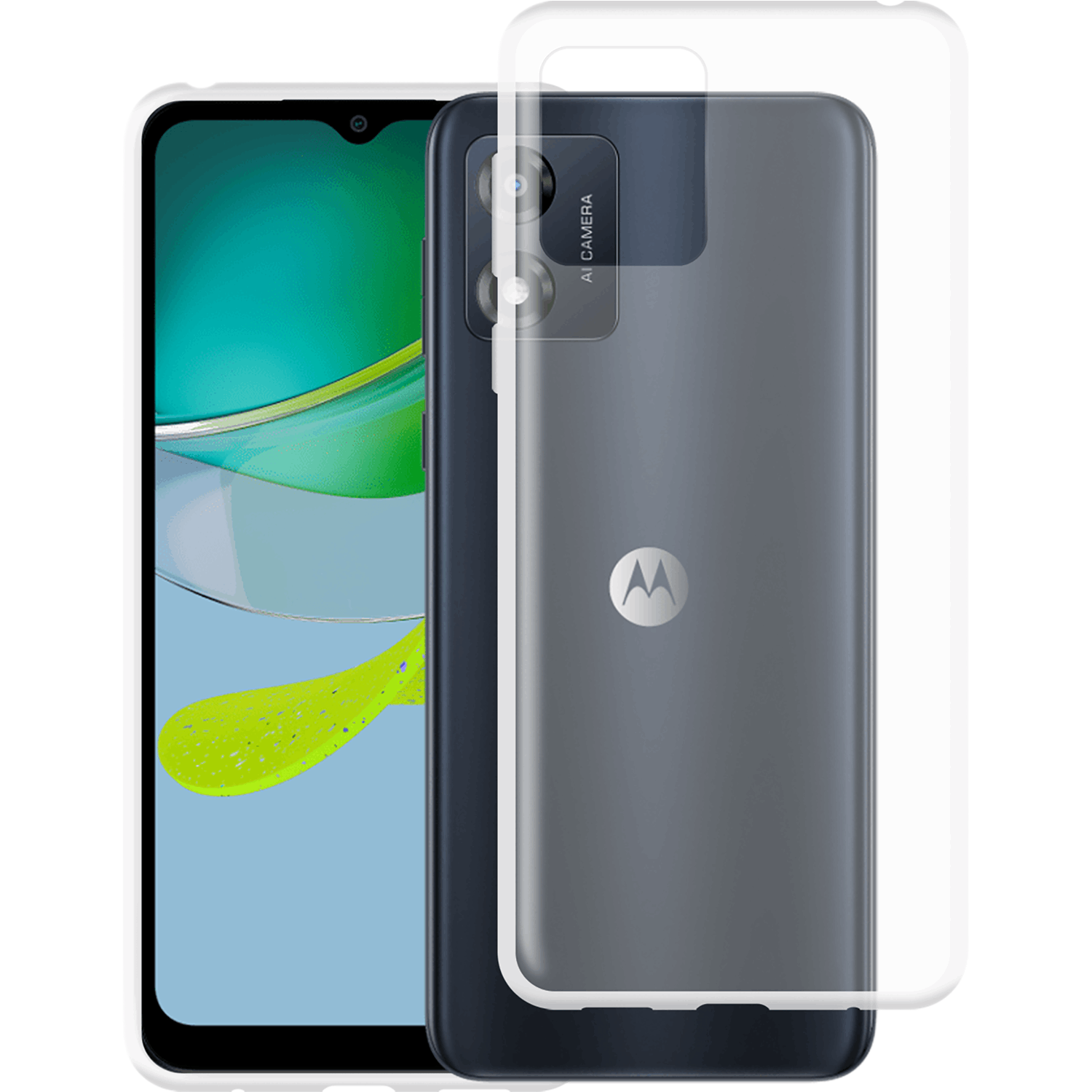 Deux téléphones, un noir, un avec écran affichant une application, avec une coque de protection transparente à l'arrière.