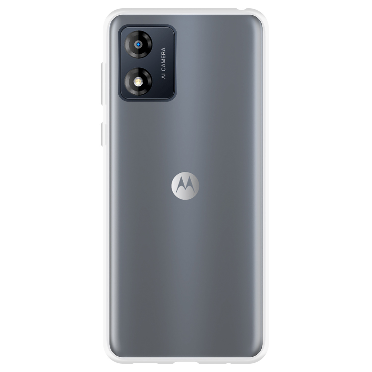 Vue arrière d'un téléphone Motorola. Gris avec un cadre blanc et une caméra à double objectif.