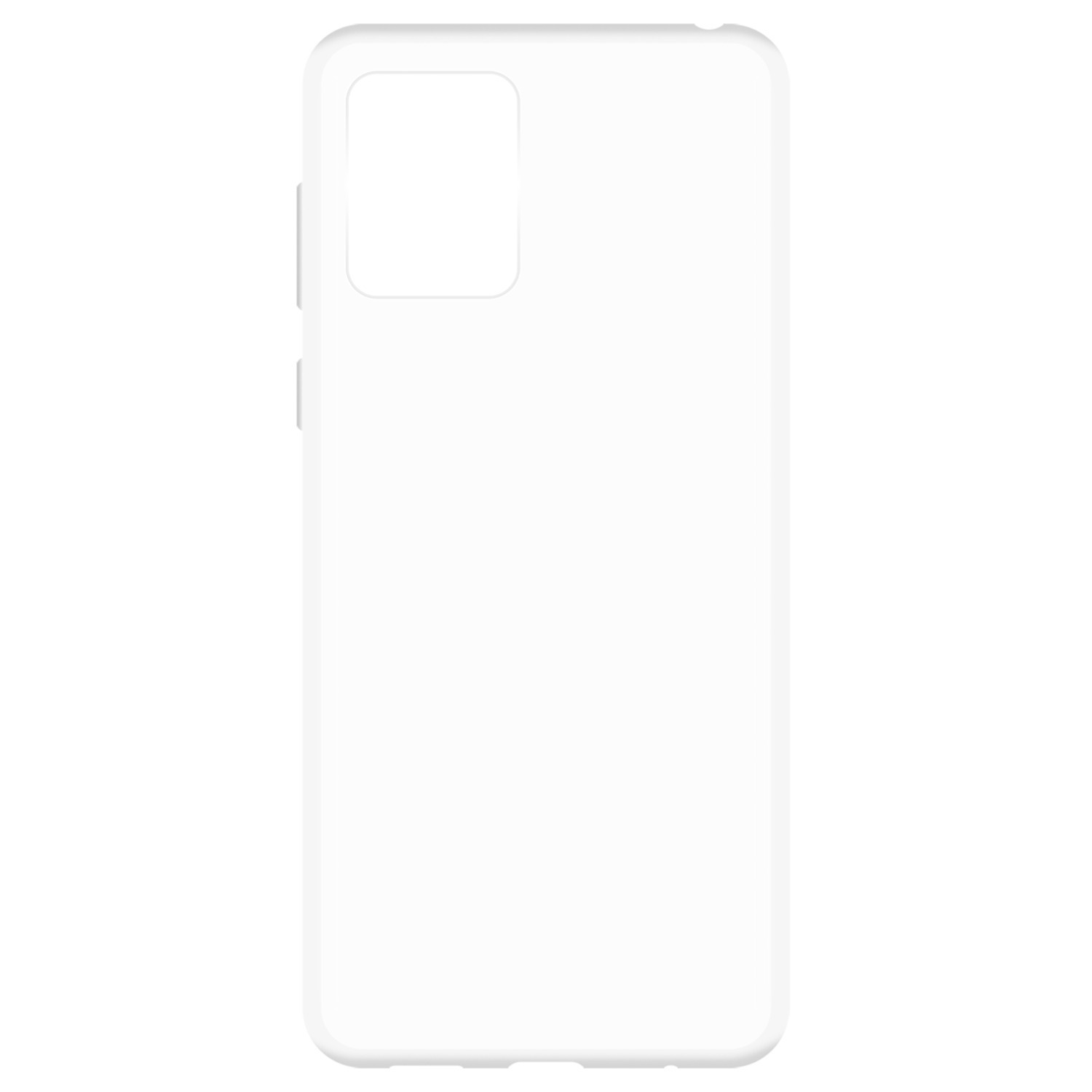 Coque de téléphone blanche avec découpe caméra et boutons latéraux, fond blanc.