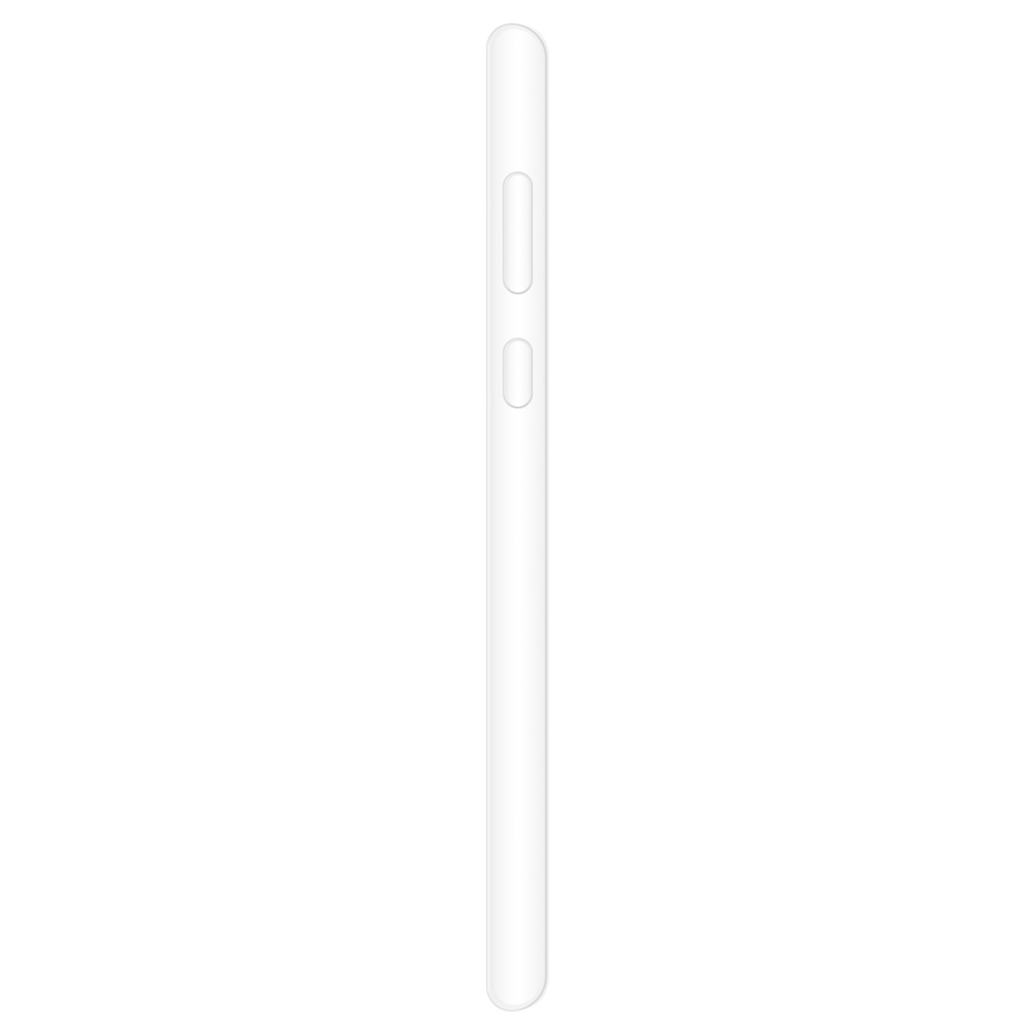 Coque de téléphone transparente, vue de côté, sur fond blanc. Montre le bord du téléphone.