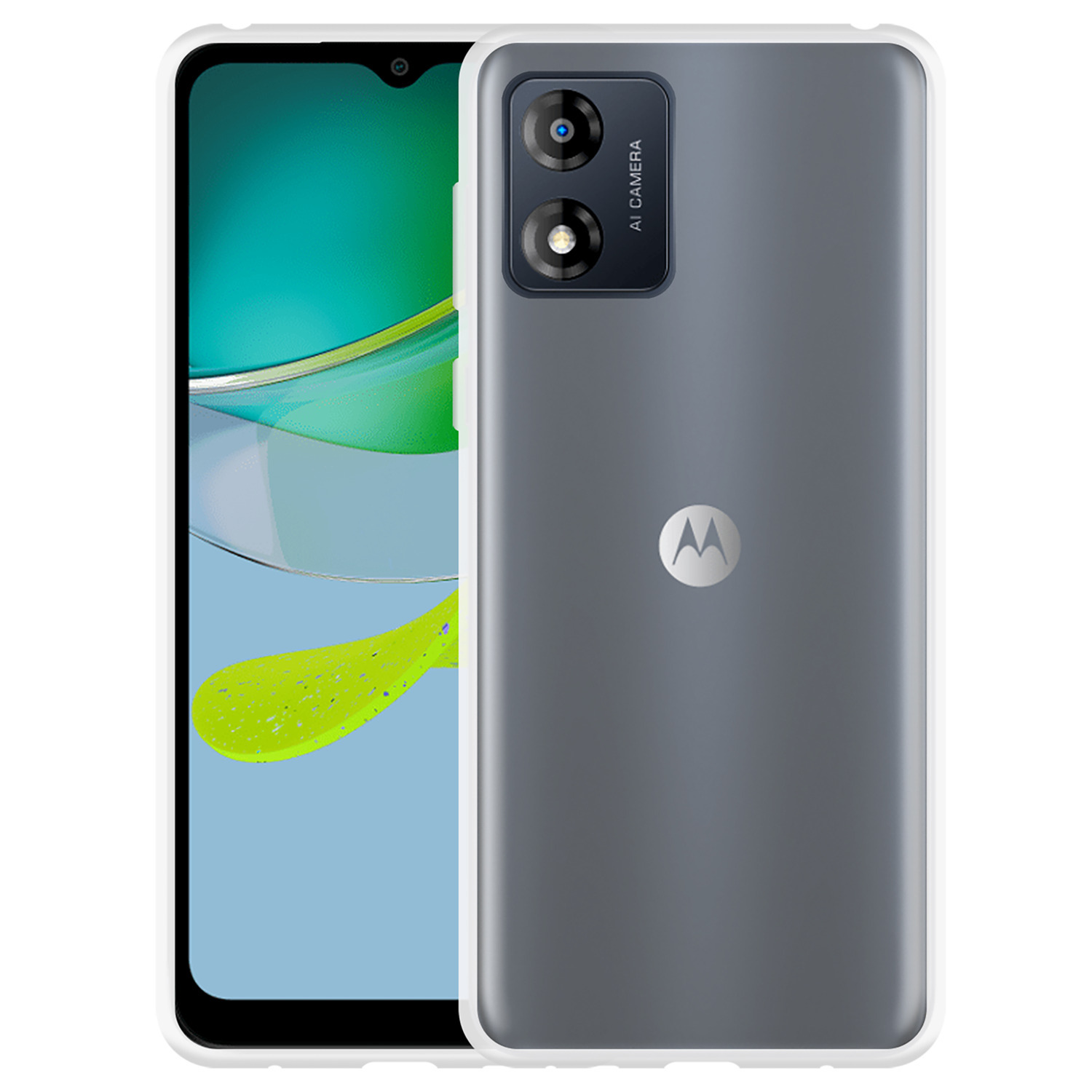 Un smartphone montre sa coque arrière grise. La caméra est en haut à gauche et le logo Motorola au centre.