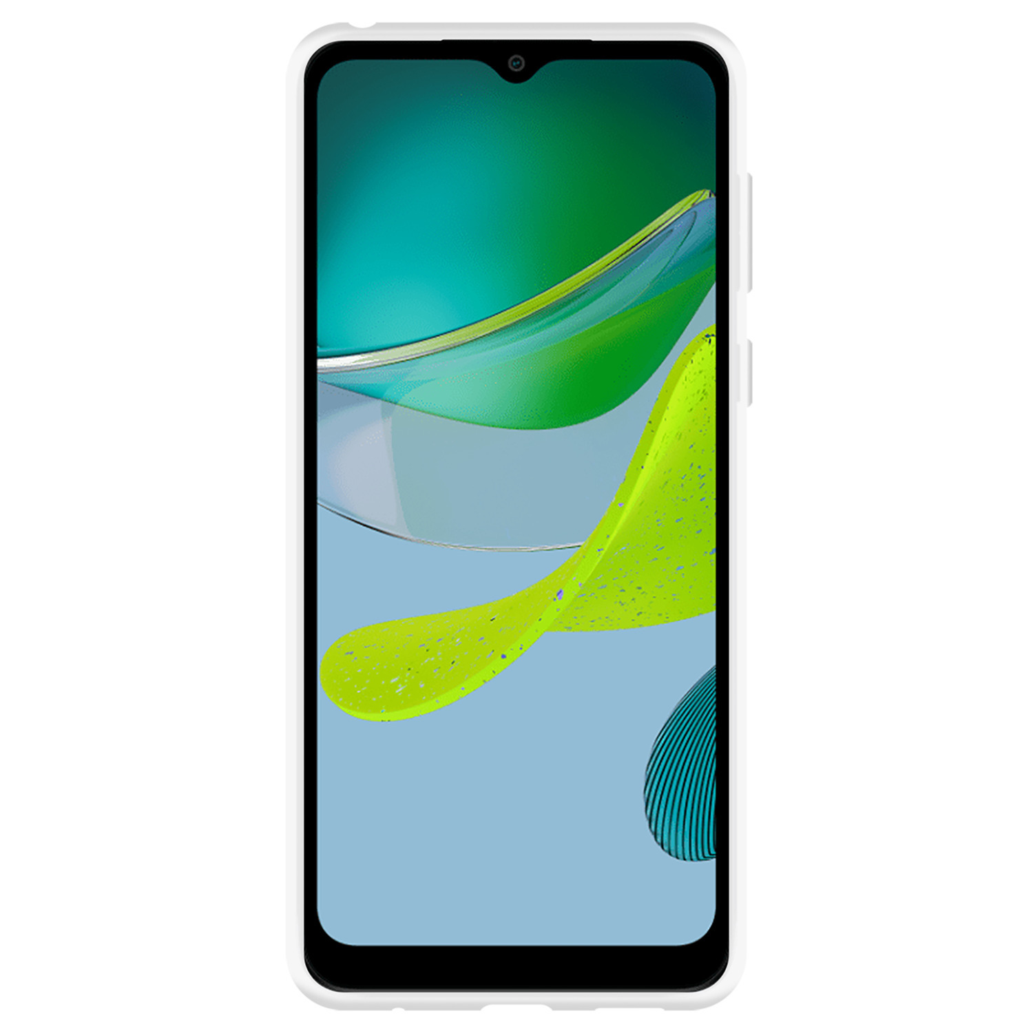 Smartphone blanc avec un écran affichant un design abstrait.