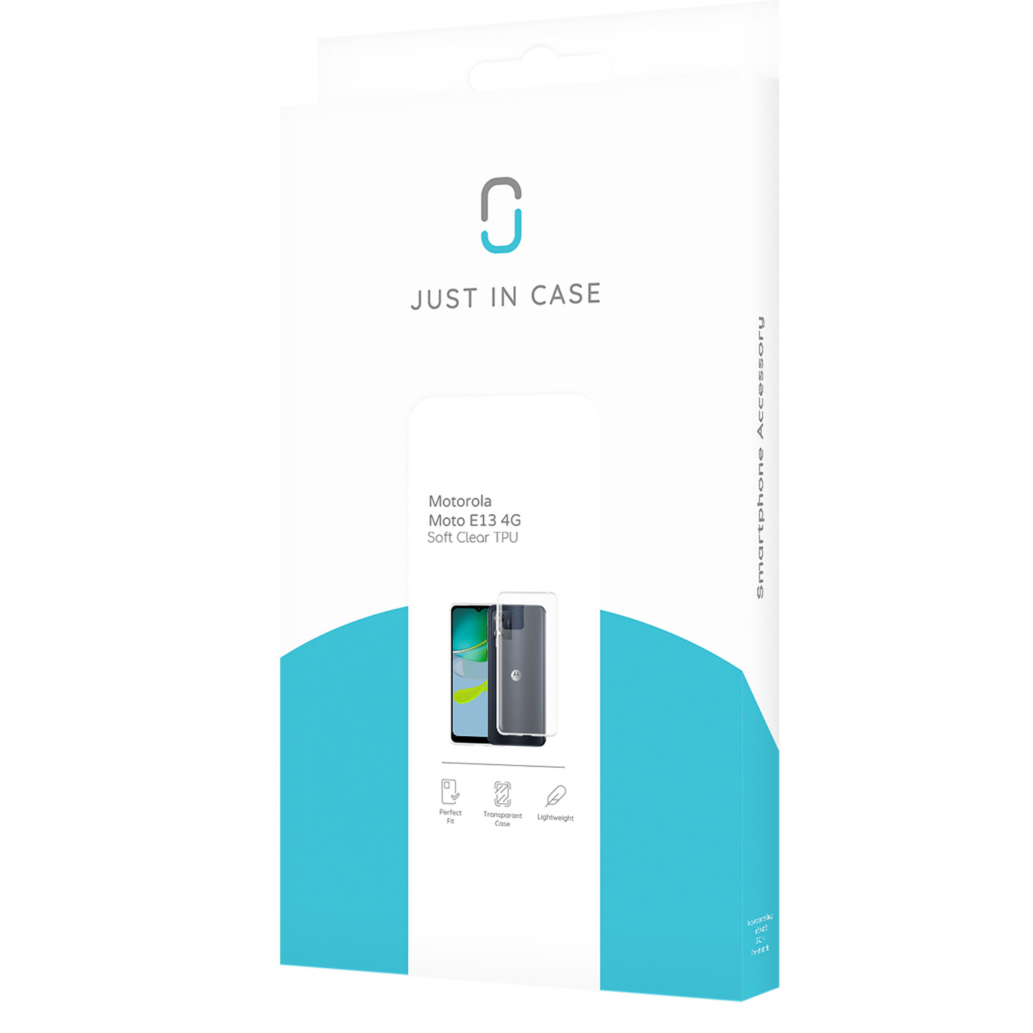 Boîte de coque de téléphone Motorola Moto E13 4G, montrant une image de téléphone et les détails de la marque.