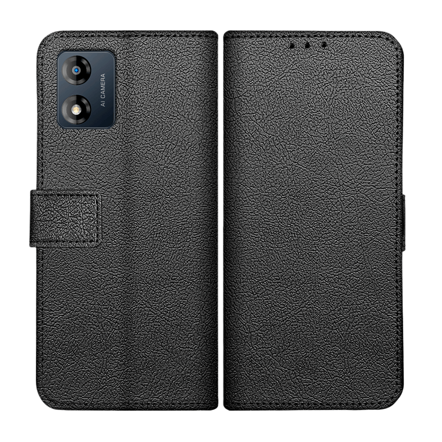 Étui de téléphone noir ouvert, montrant le téléphone et l'intérieur texturé.