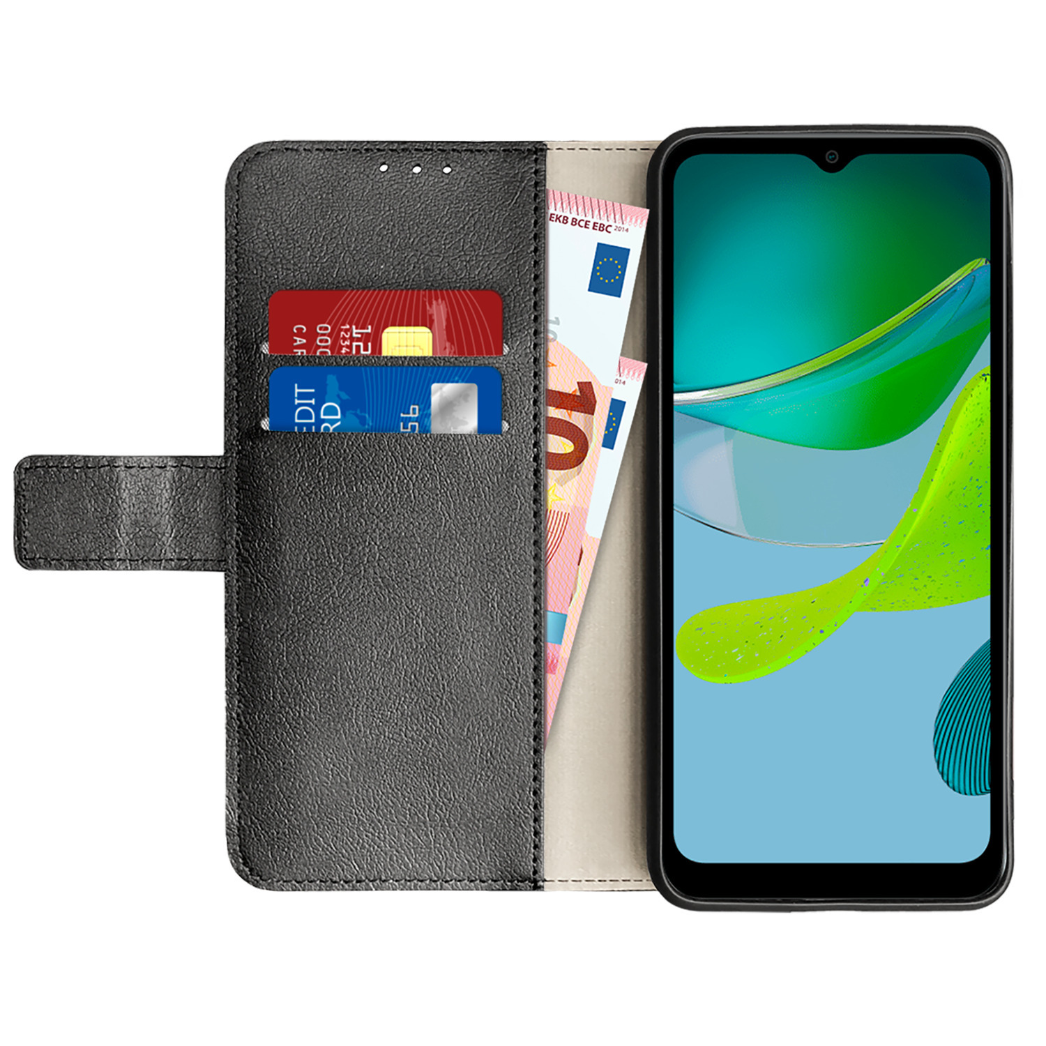 Smartphone dans un étui portefeuille. À l'intérieur, cartes et argent. L'écran affiche un graphique vert.
