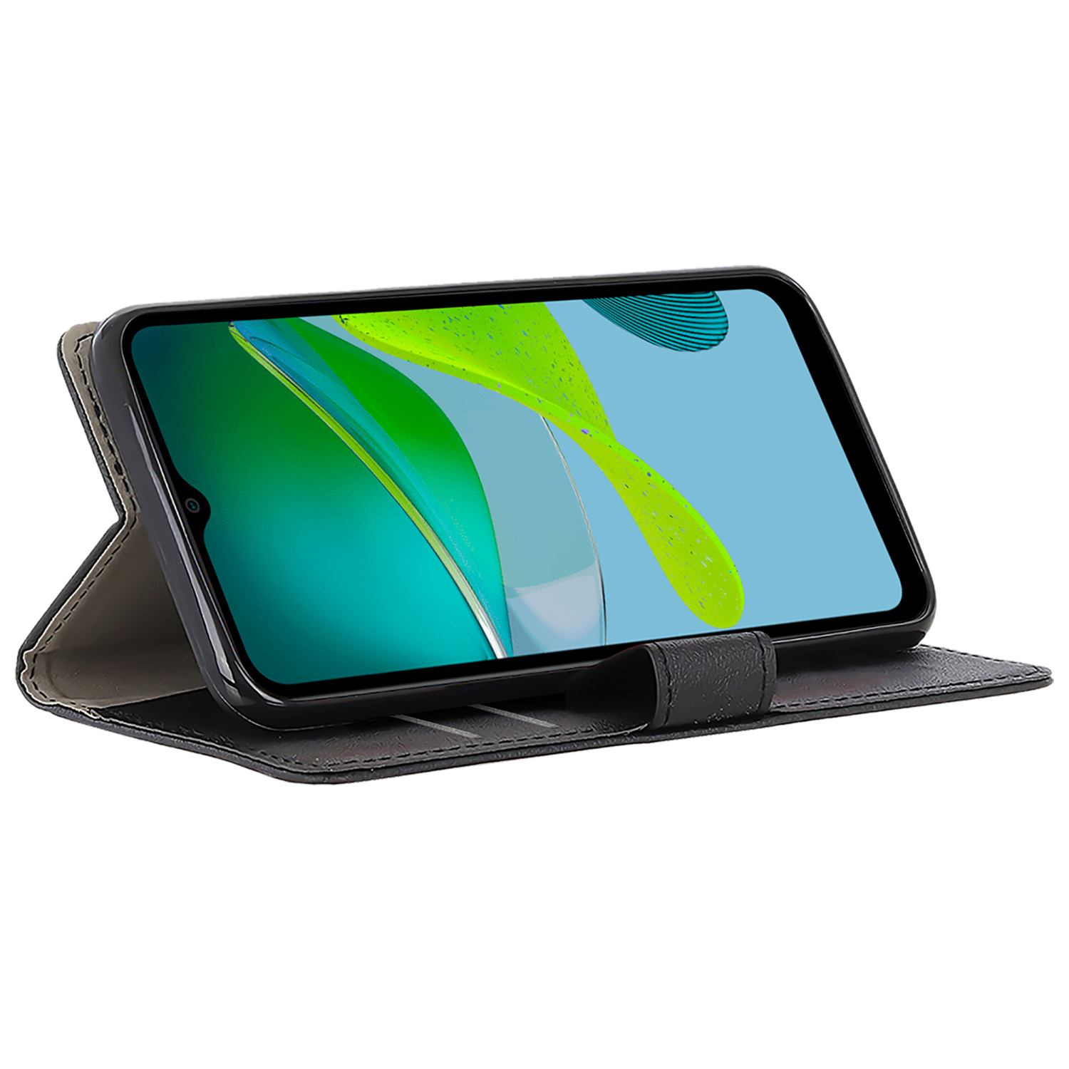 Téléphone dans un étui portefeuille, affichant un écran avec un design abstrait vert et bleu.