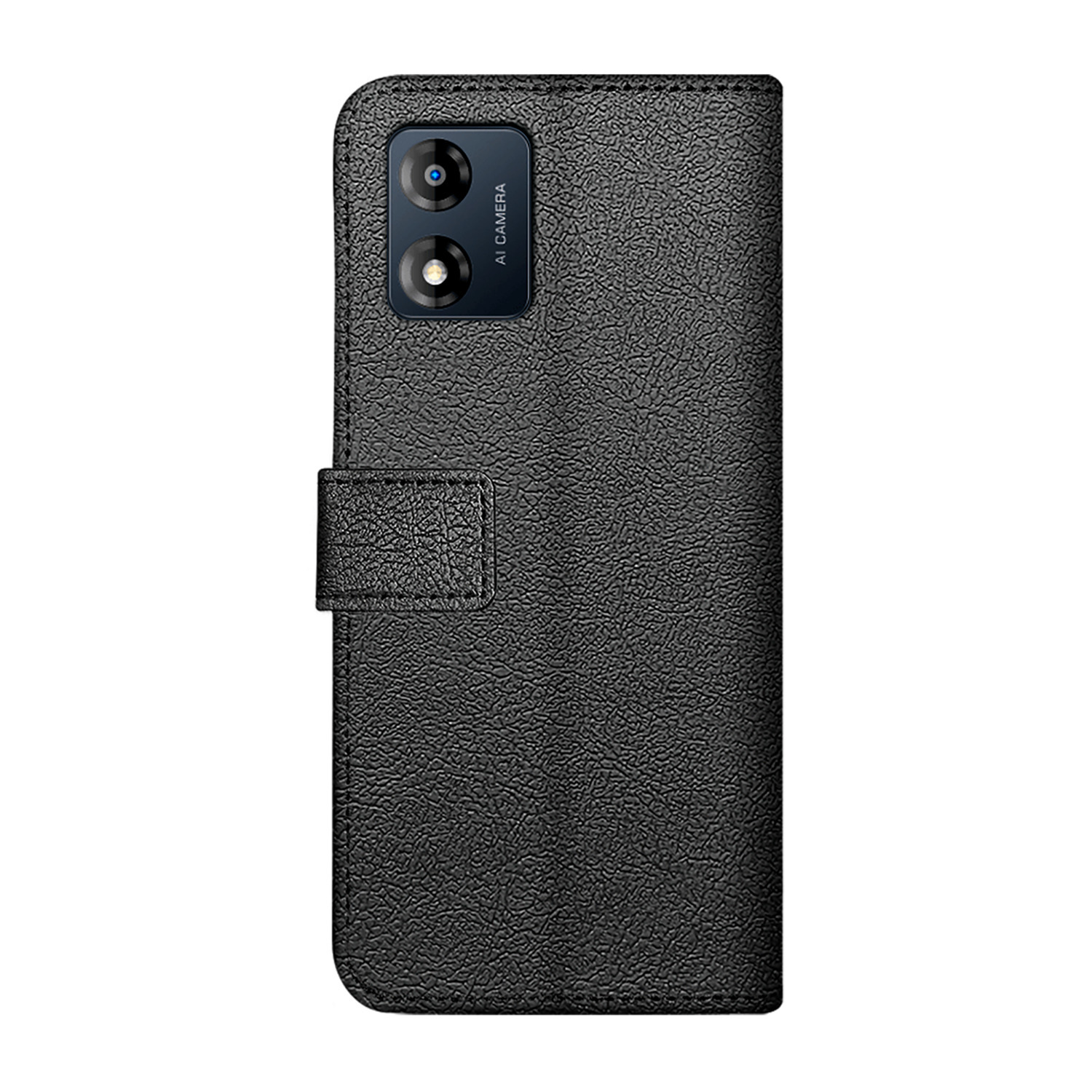 Étui de téléphone en cuir noir avec module caméra. L'étui est fermé. La surface a un motif texturé.