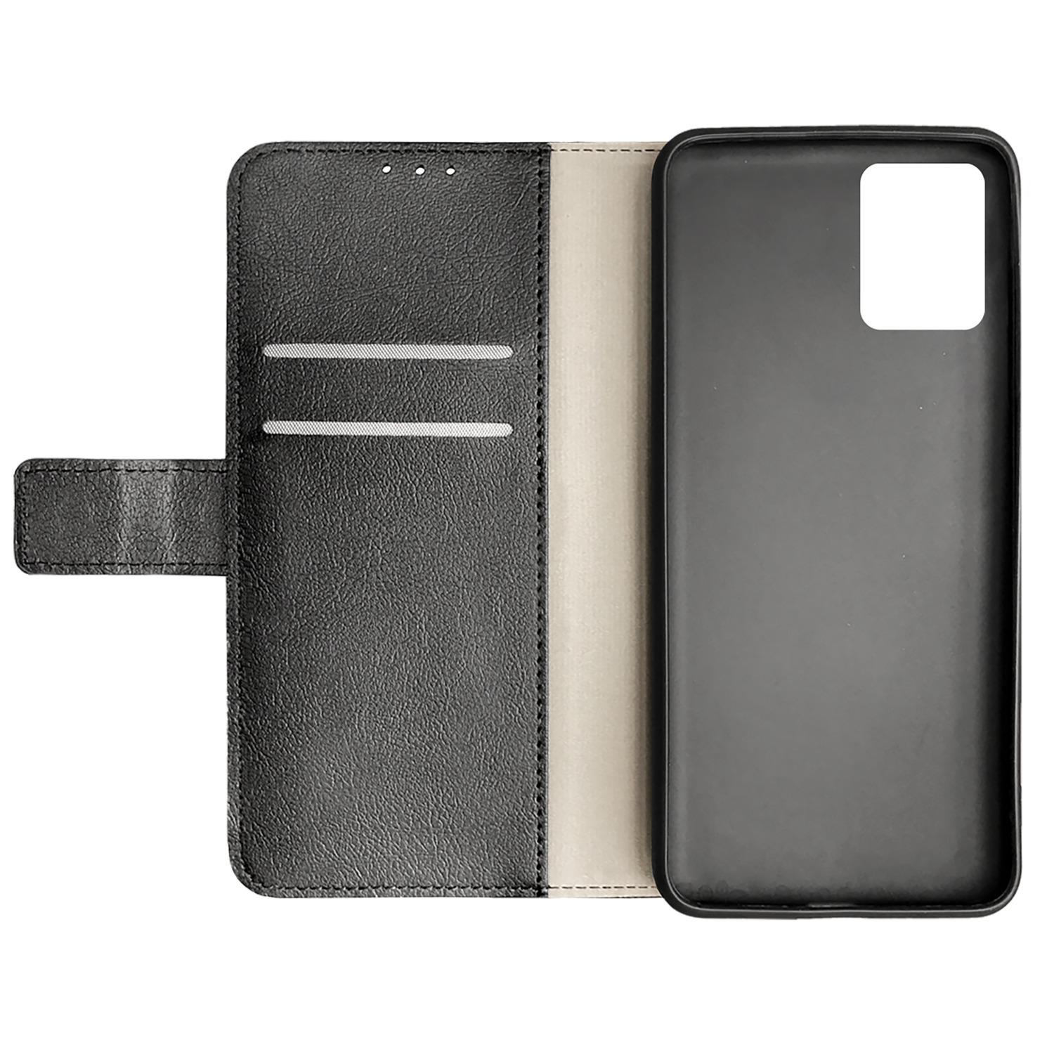 Étui de téléphone noir ouvert, montrant les fentes pour cartes et le contour du téléphone.
