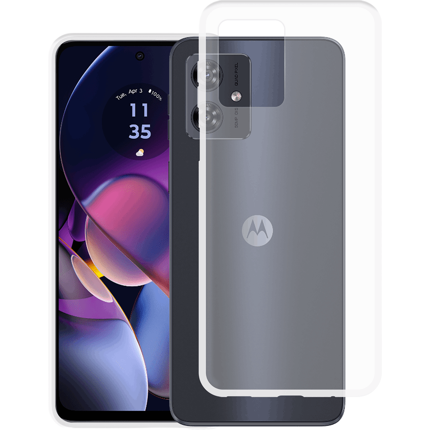 Motorola-telefoon met schermbeschermer. Telefoon is zwart, scherm toont tijd en datum.