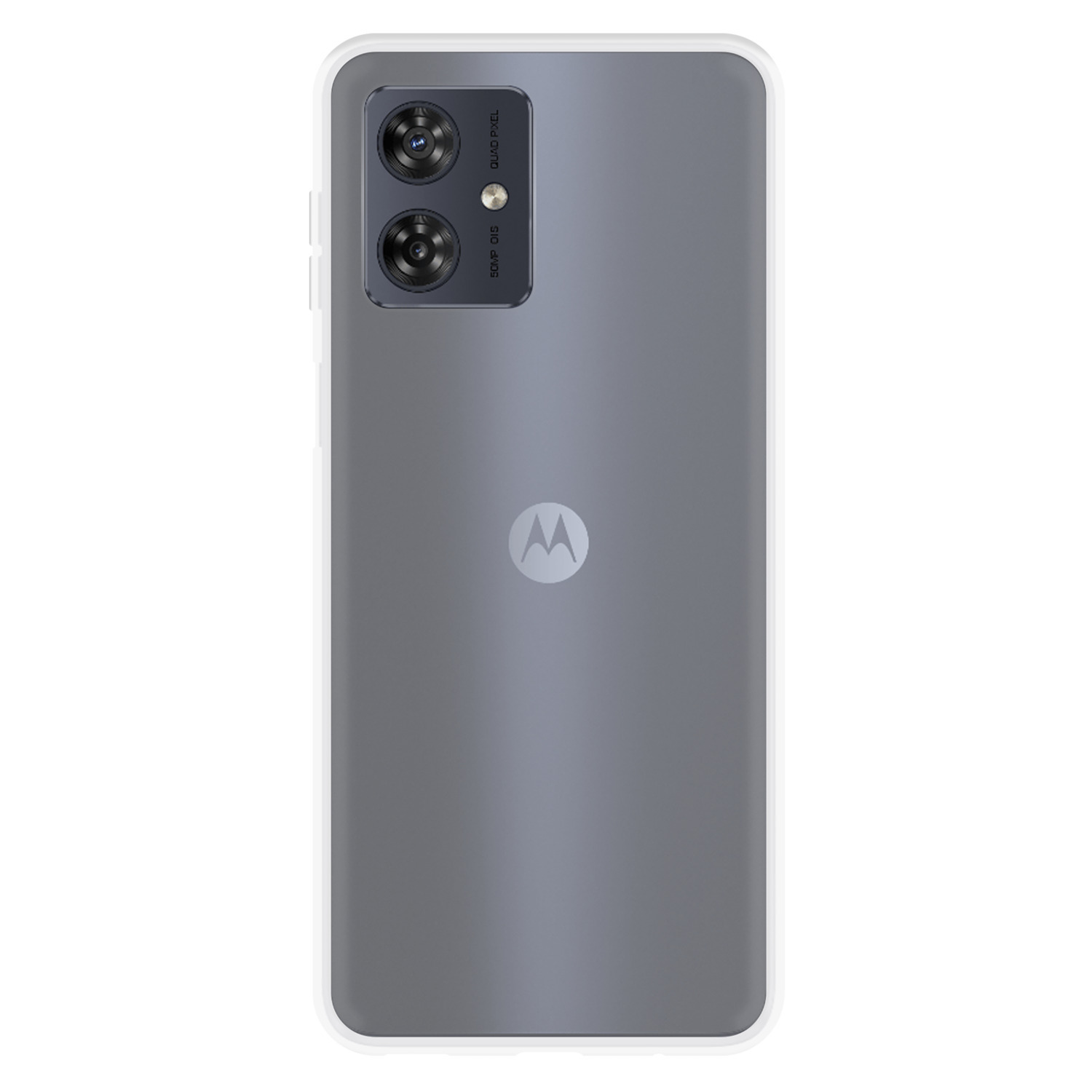 Telefoon, achteraanzicht, grijs met dubbele camera en Motorola logo.