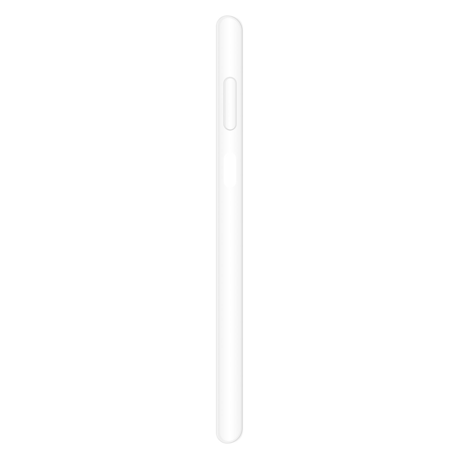 Zijaanzicht van een witte smartphone met een volumeknop en een camera.