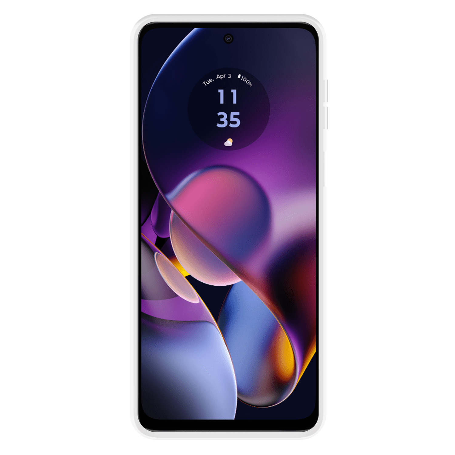 Witte telefoon met een scherm dat de tijd en een paarse en roze abstracte achtergrond toont.