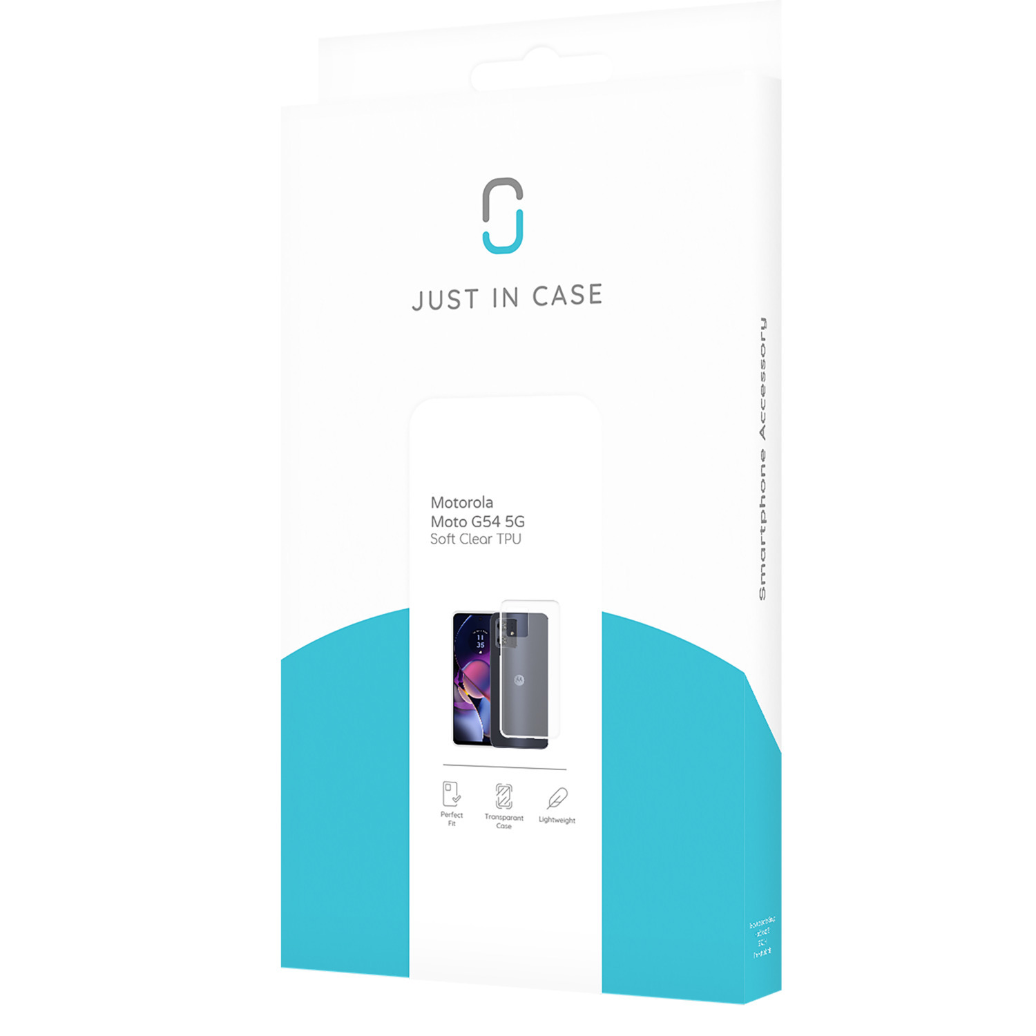 Smartphone hoesje doos, wit en blauwgroen, met telefoon afbeelding en tekst 'JUST IN CASE'.