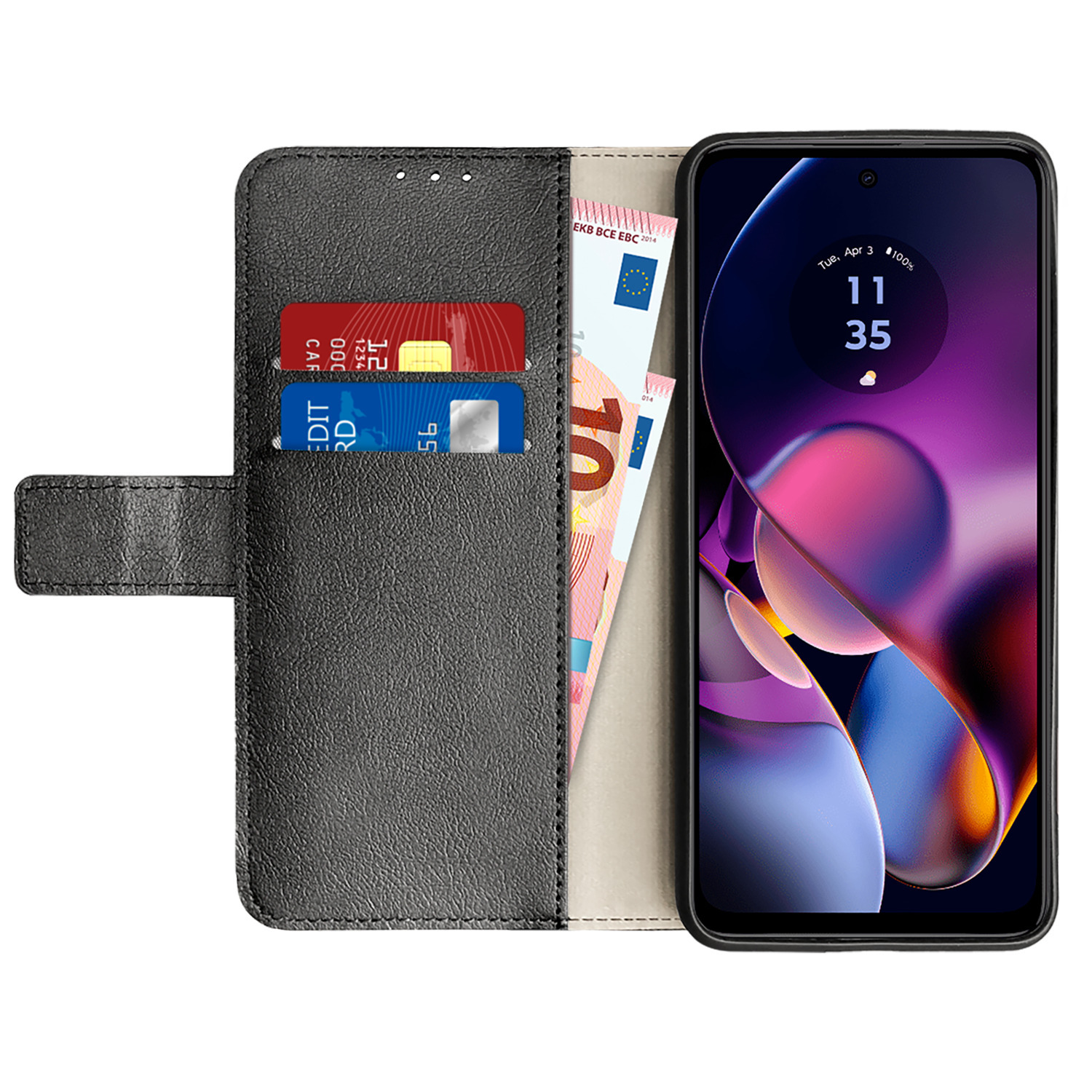 Telefoon in een portemonnee-etui, met creditcards en geld. De tijd is 11:35.