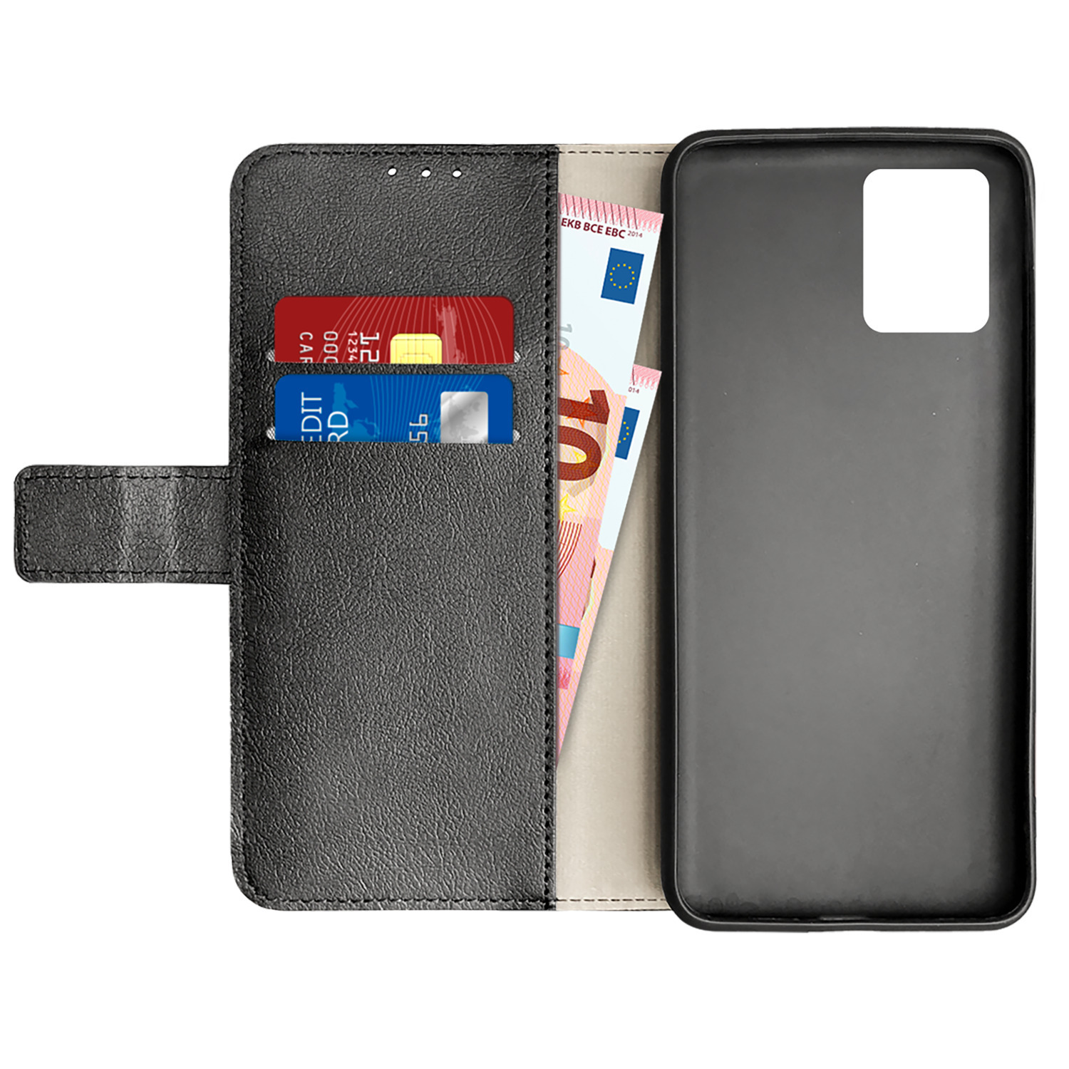 Zwarte telefoonhoes in portemonnee-stijl met kaarten en geld erin. Witte achtergrond.