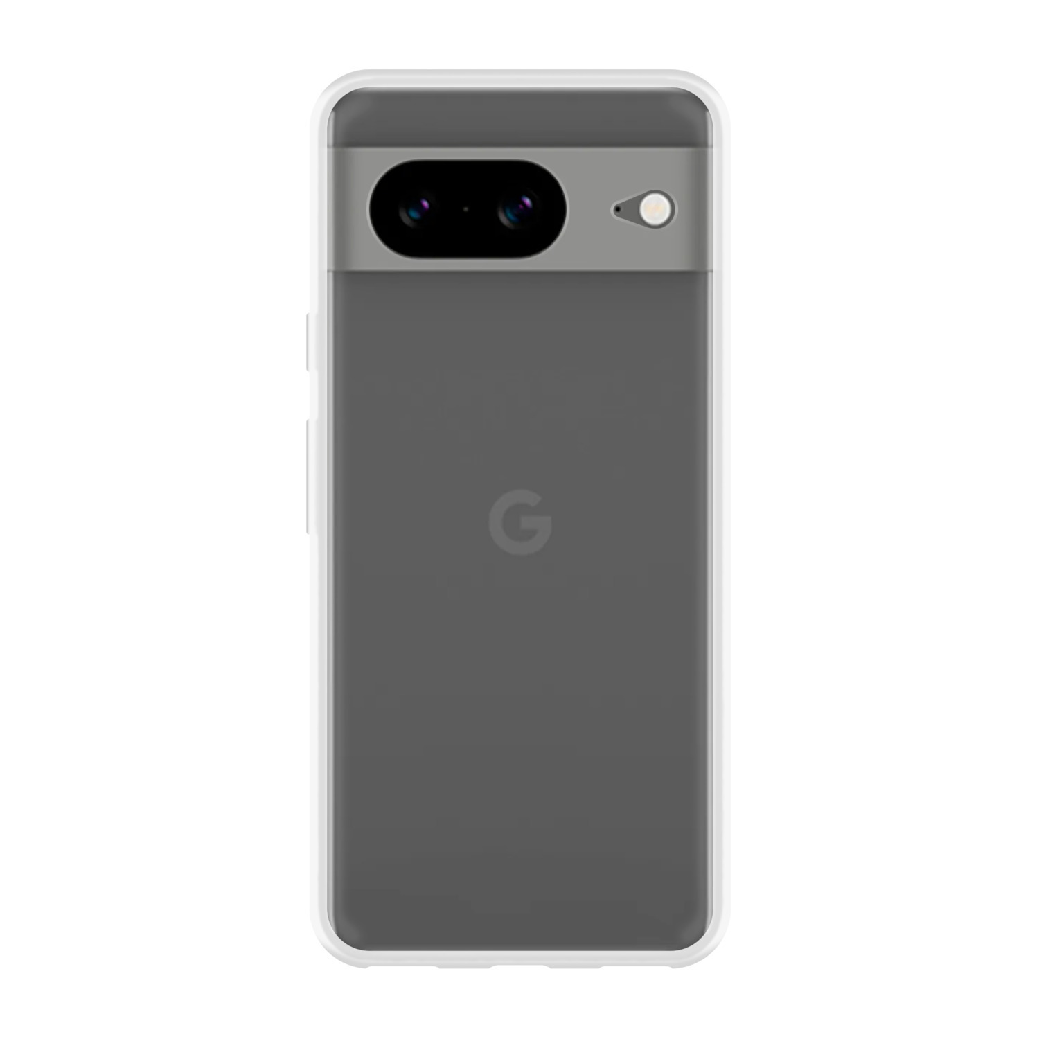 A gray Google Pixel phone in a clear case. The phone has two camera lenses on the back.