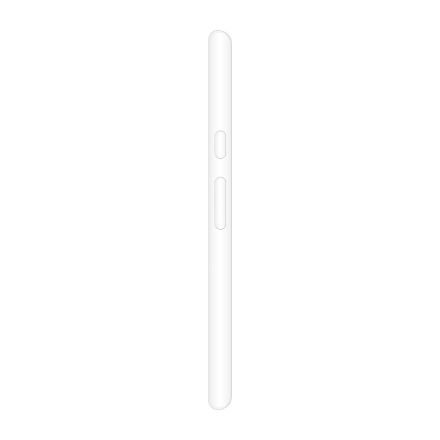 Side view of a white smartphone, with buttons visible. Minimalist design on a white background.