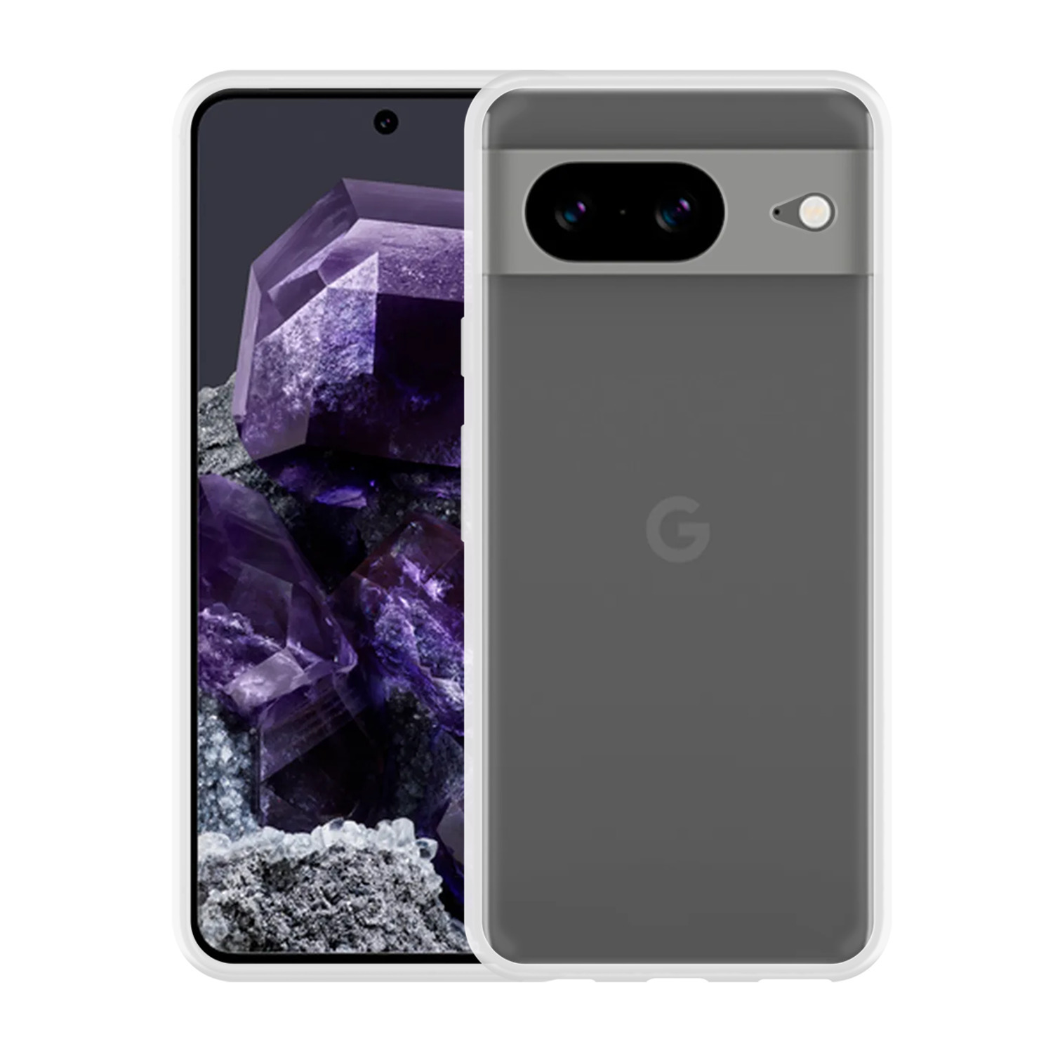 A smartphone in a gray case, showing a purple crystal image on the screen.