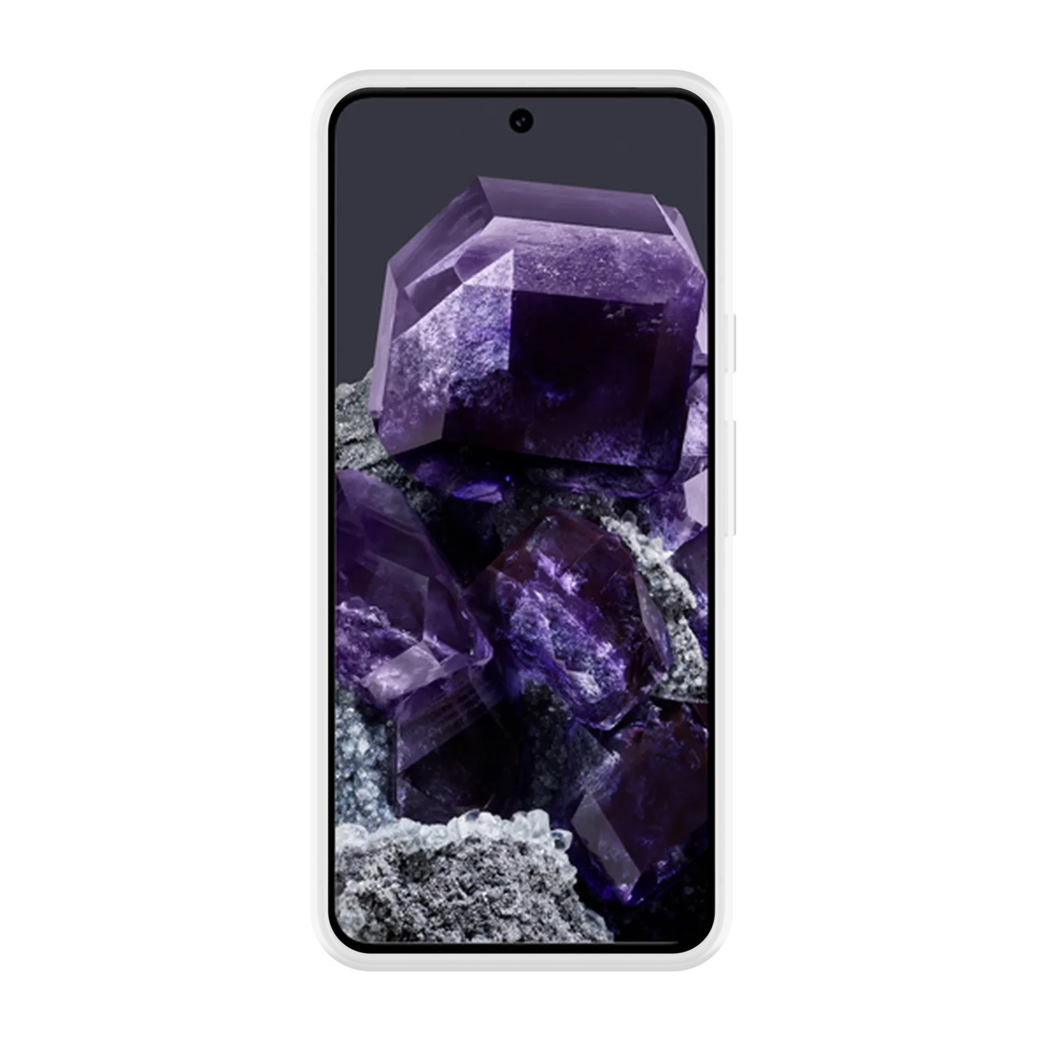 White smartphone with a purple crystal display.