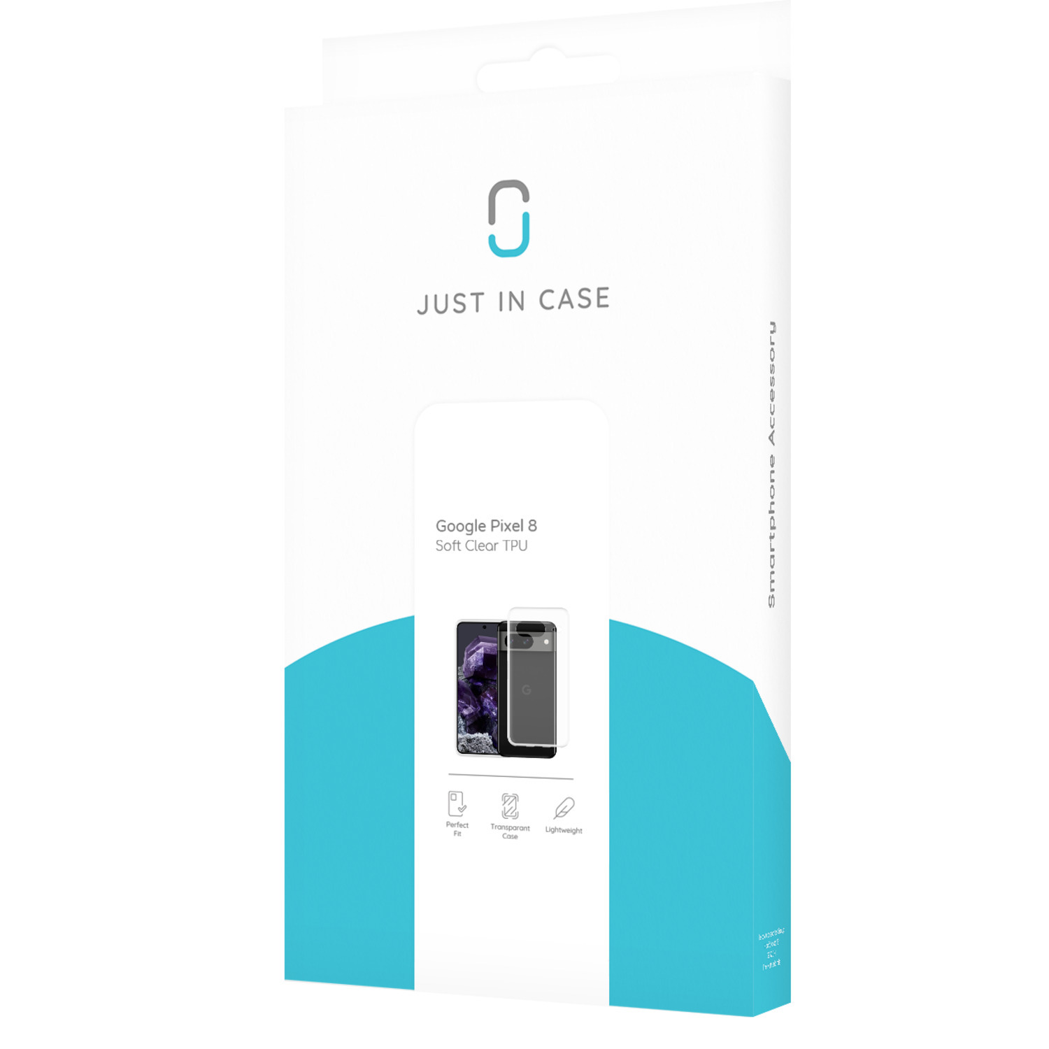 Just in Case phone case box, white and blue with a phone image.