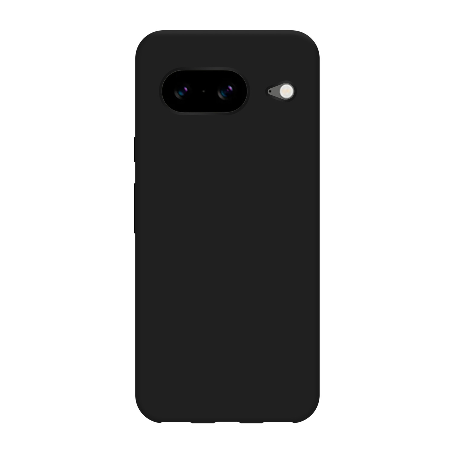 Smartphone noir avec doubles caméras et un seul flash, avec une coque noire.
