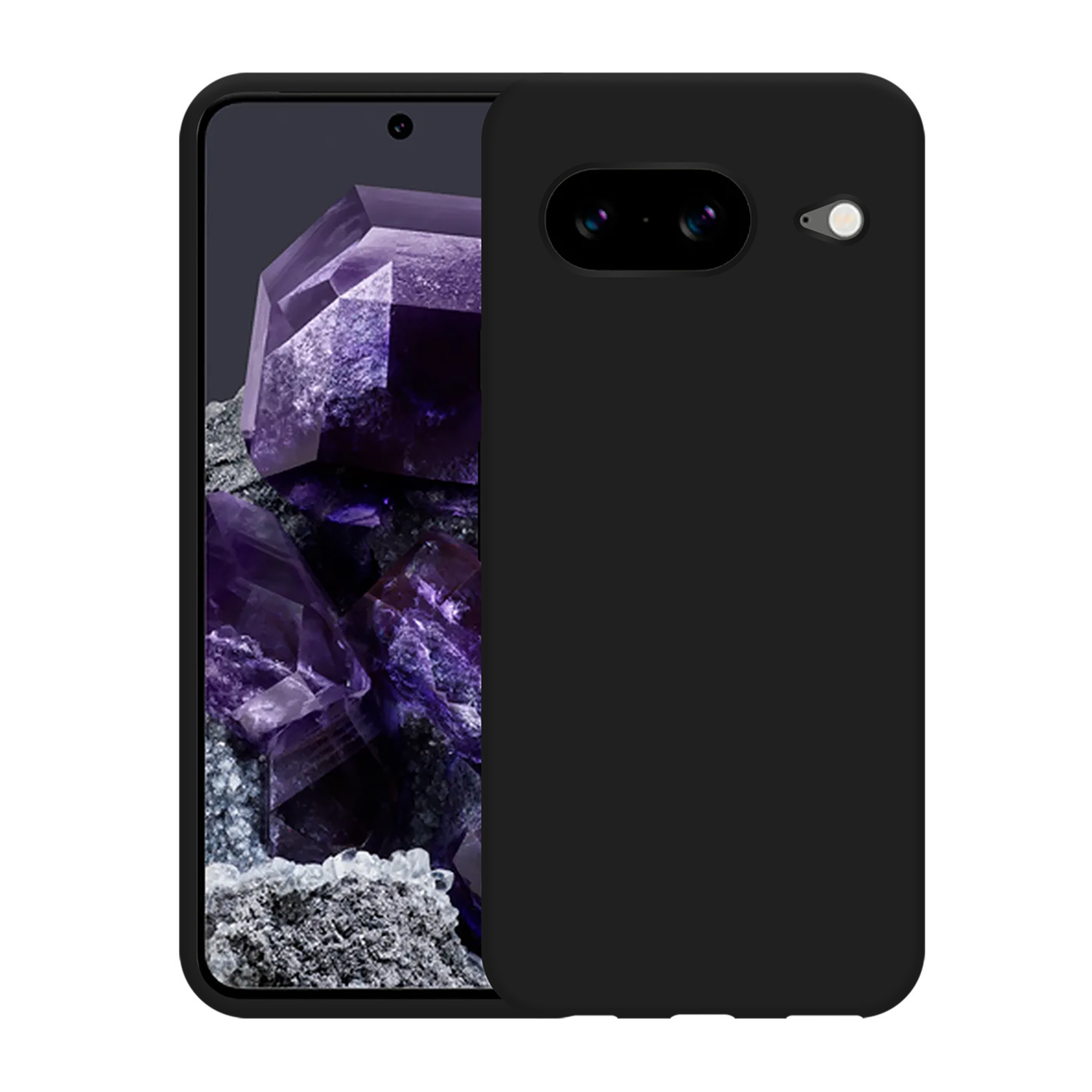 Un étui de téléphone noir avec un téléphone à l'intérieur, montrant un motif minéral violet sur fond gris.