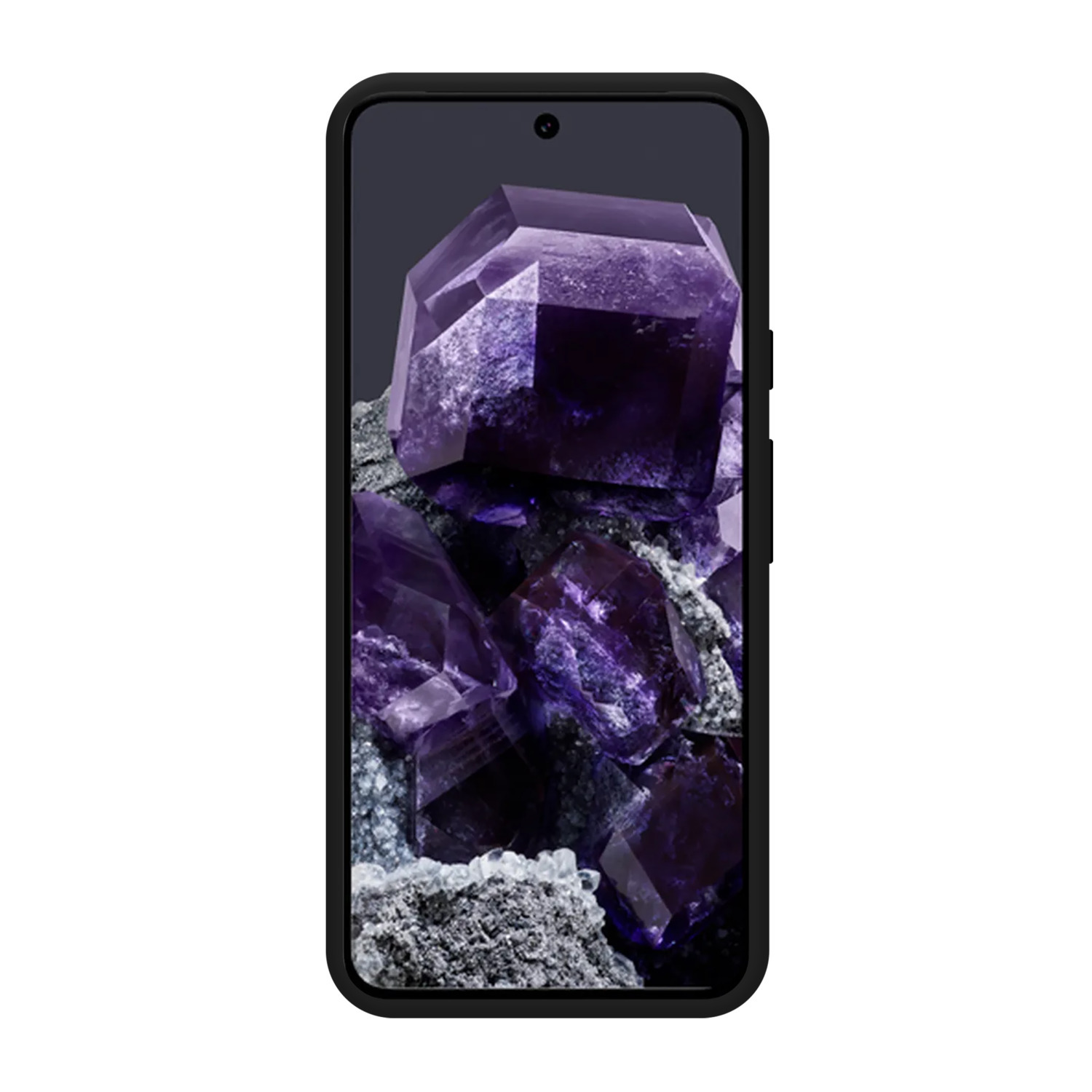 Smartphone noir affichant une image de cristal violet. Cadre noir. Fond sombre.