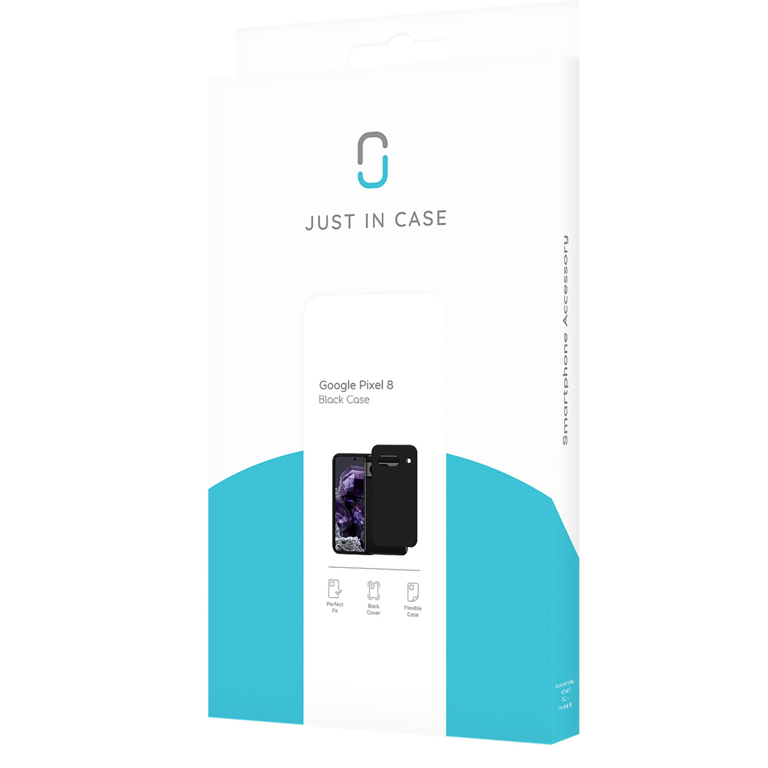 Coque noire Google Pixel 8 dans son emballage, fond blanc.