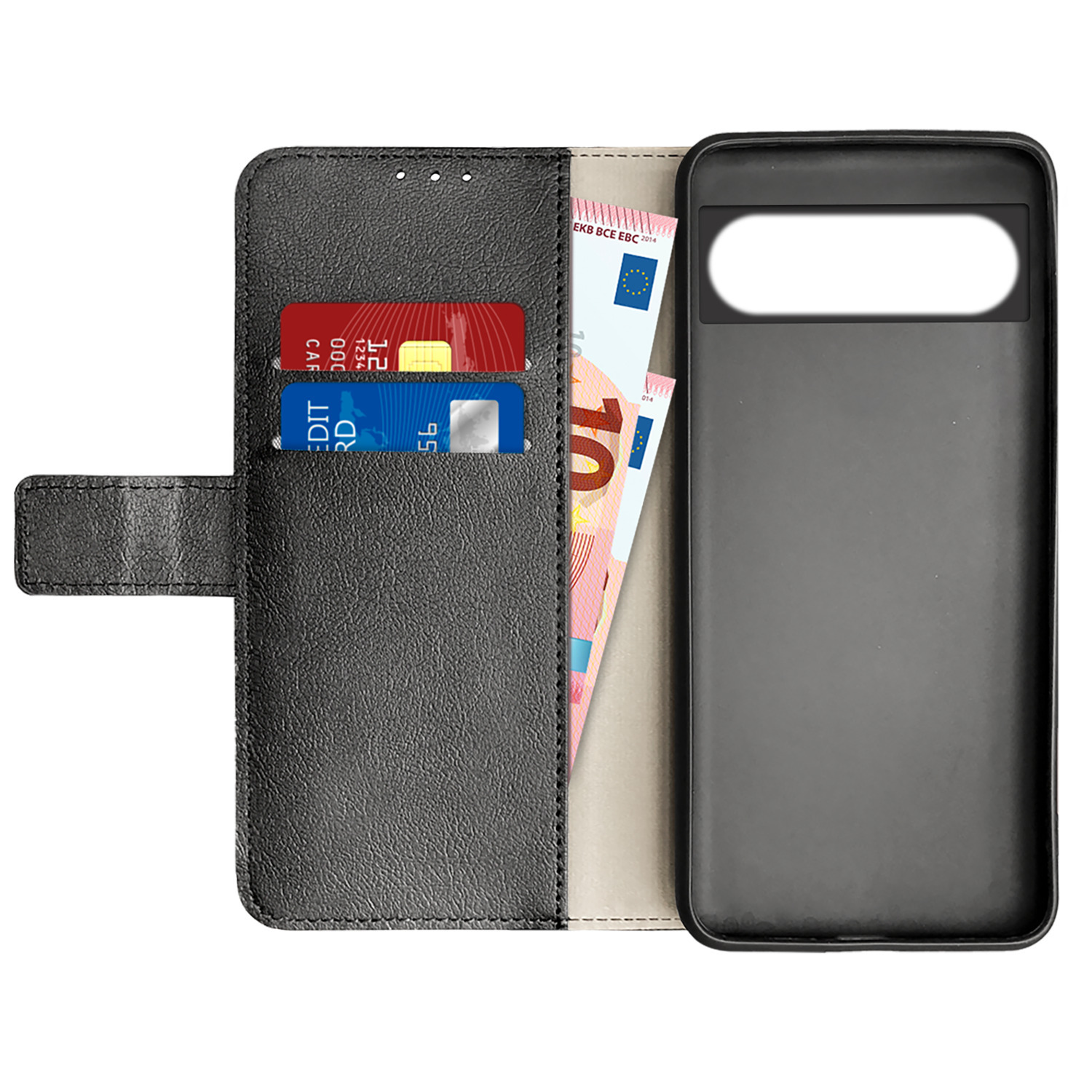 Portemonnee-etui met zwart leer, met kaarten en eurobiljetten.