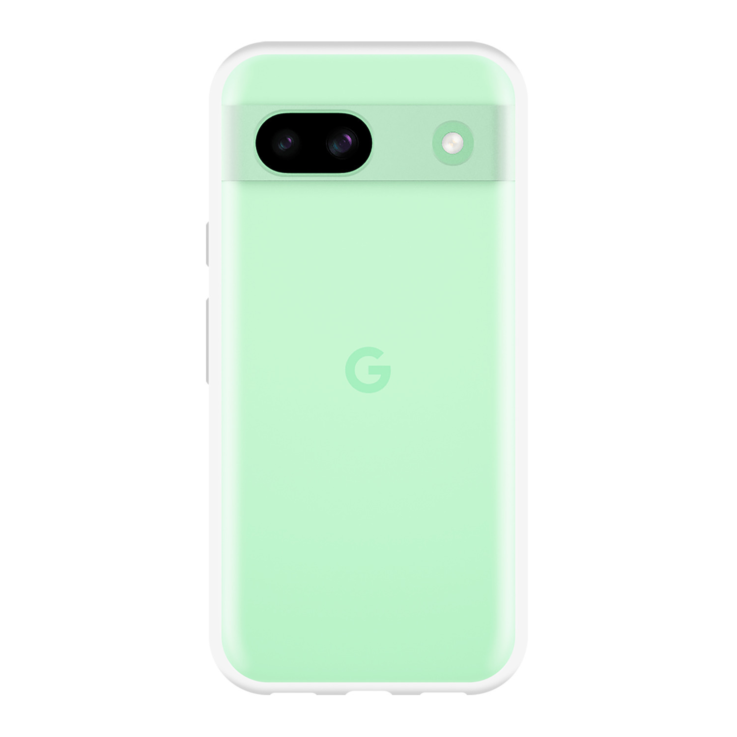 Coque de téléphone Google verte avec découpe caméra et logo. Cadre blanc.