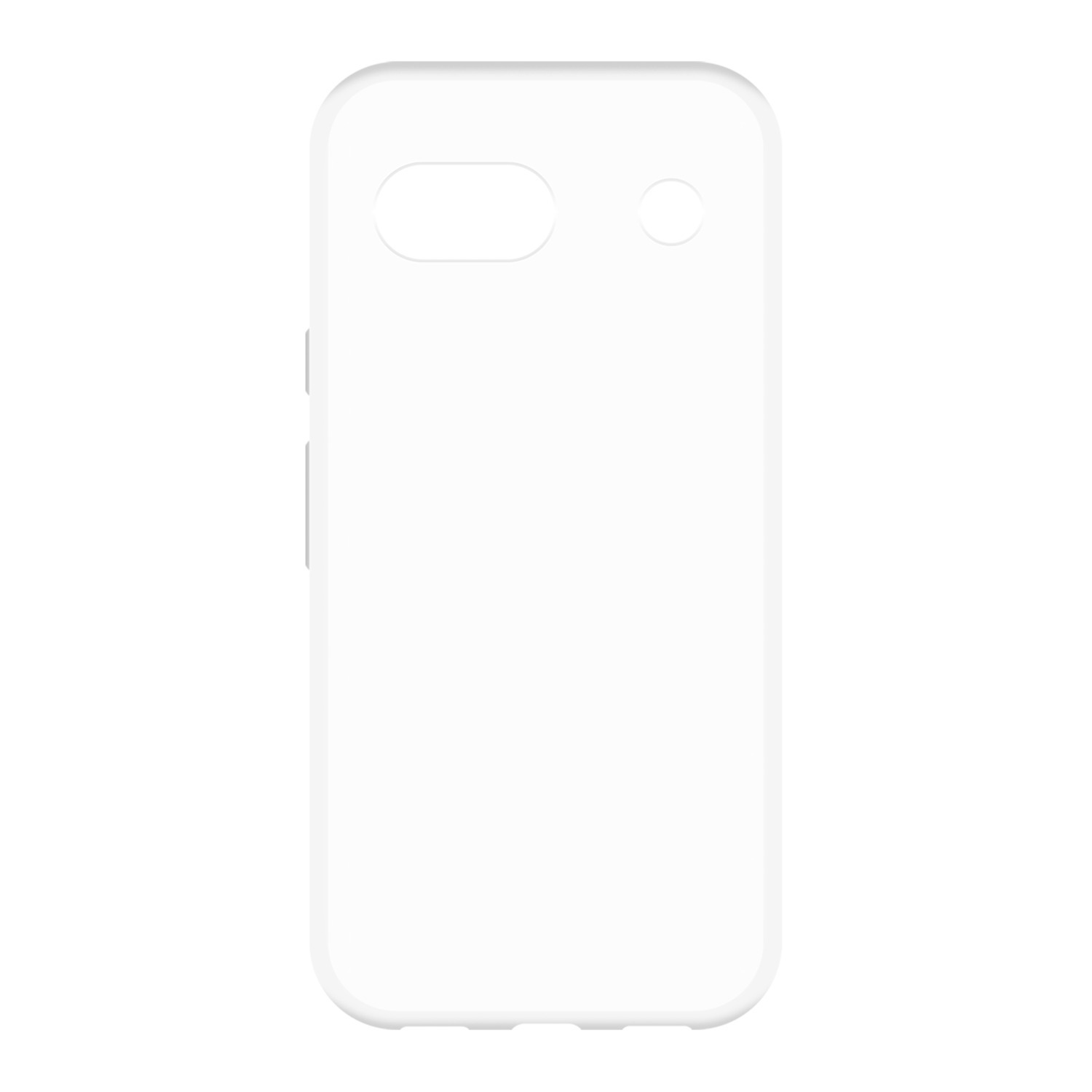 Une coque de téléphone blanche avec découpes pour la caméra et les boutons. Forme rectangulaire.