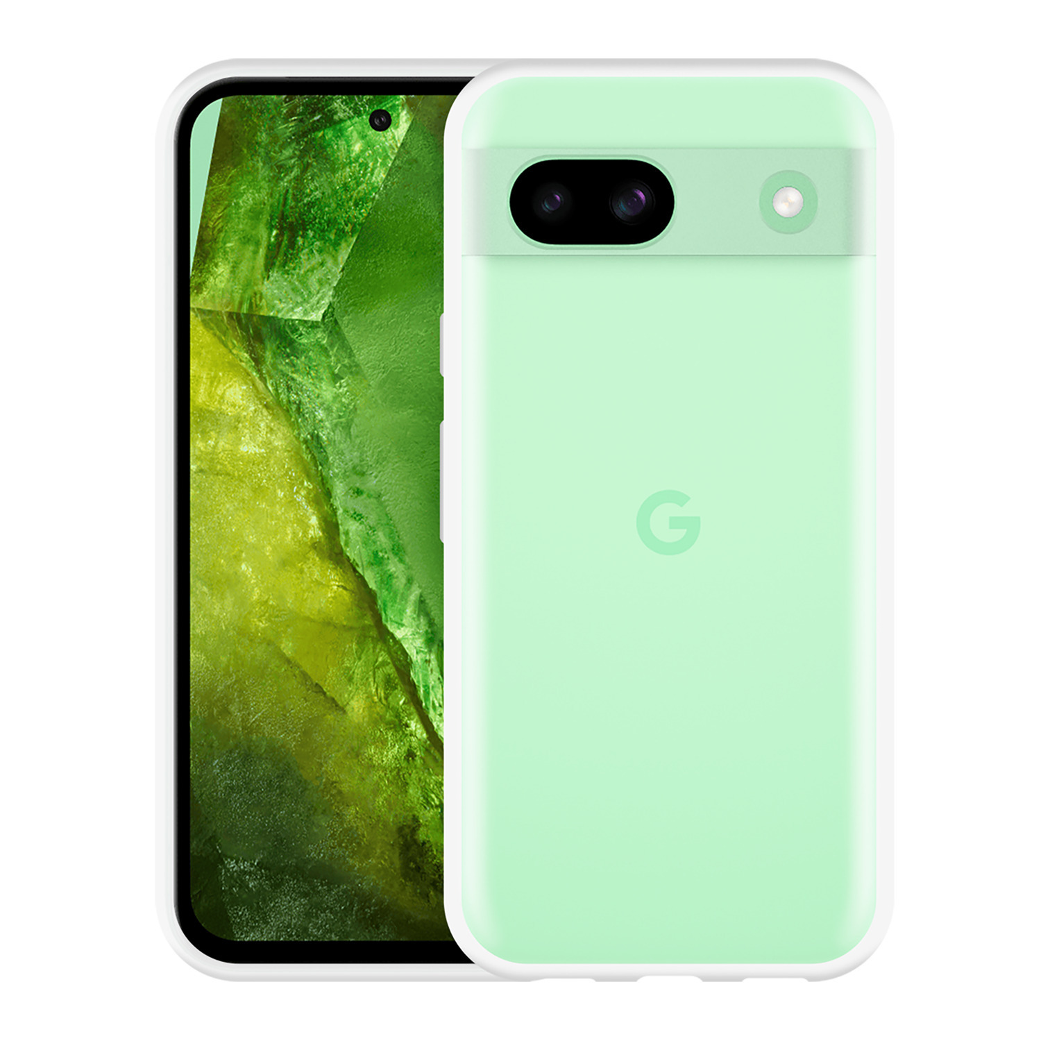 Téléphone Google Pixel 7a vert dans un étui blanc. Le téléphone est sur le côté.