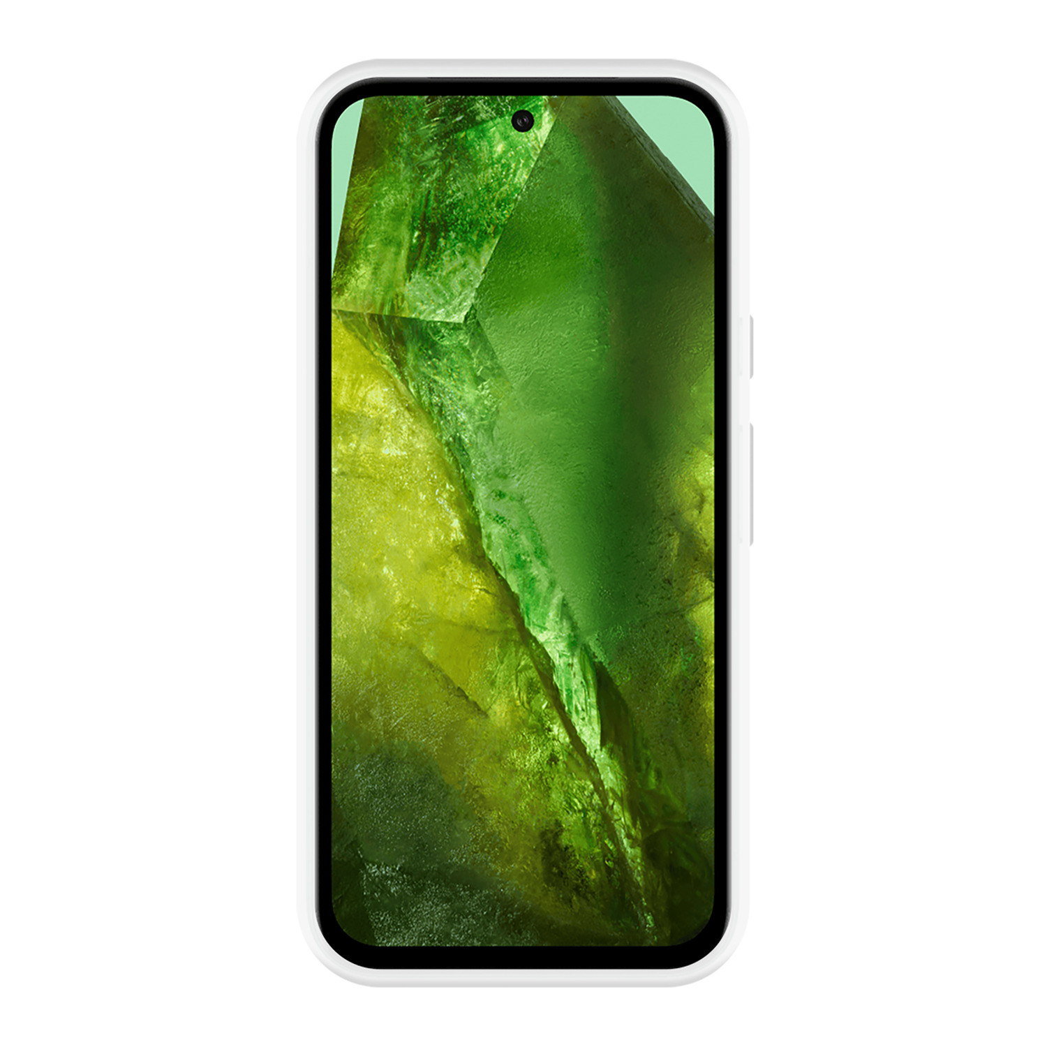 Téléphone blanc avec un fond vert cristallin dans un cadre blanc.