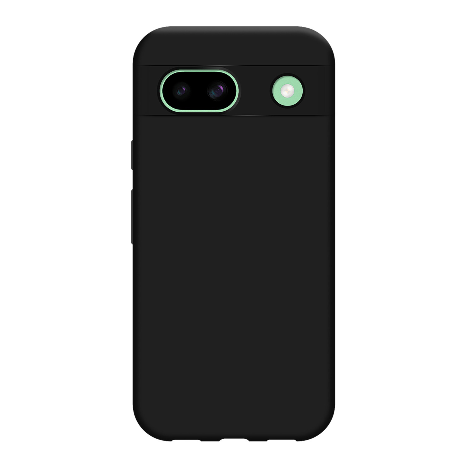 Coque de téléphone noire avec deux caméras. Accents verts. Forme rectangulaire.