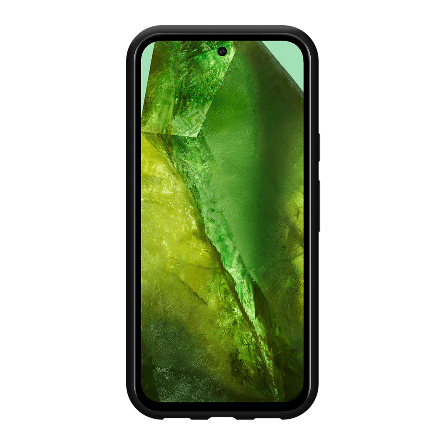Un téléphone noir avec un fond cristallin vert et jaune.