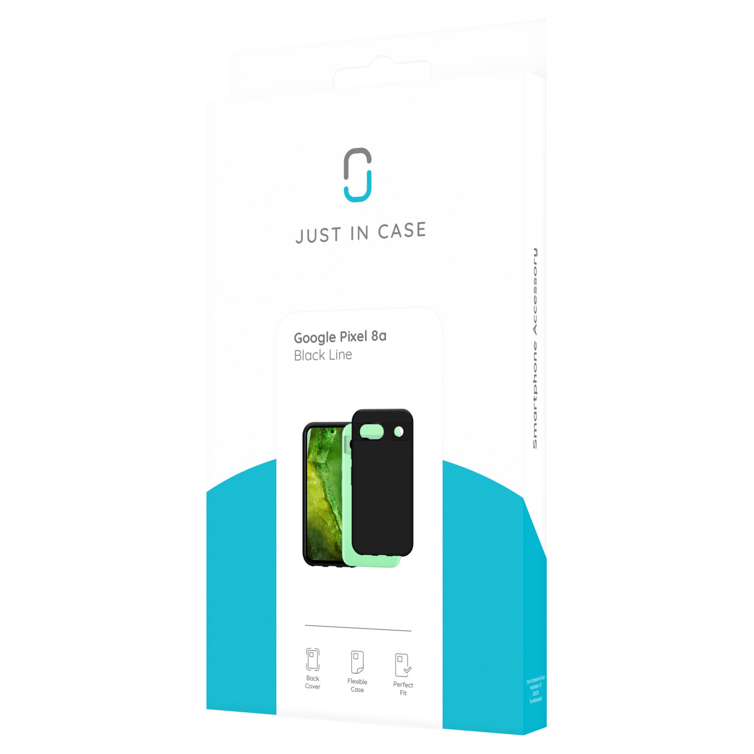 Une boîte blanche et verte étiquetée "JUST IN CASE" avec un étui de téléphone et des détails sur le produit.