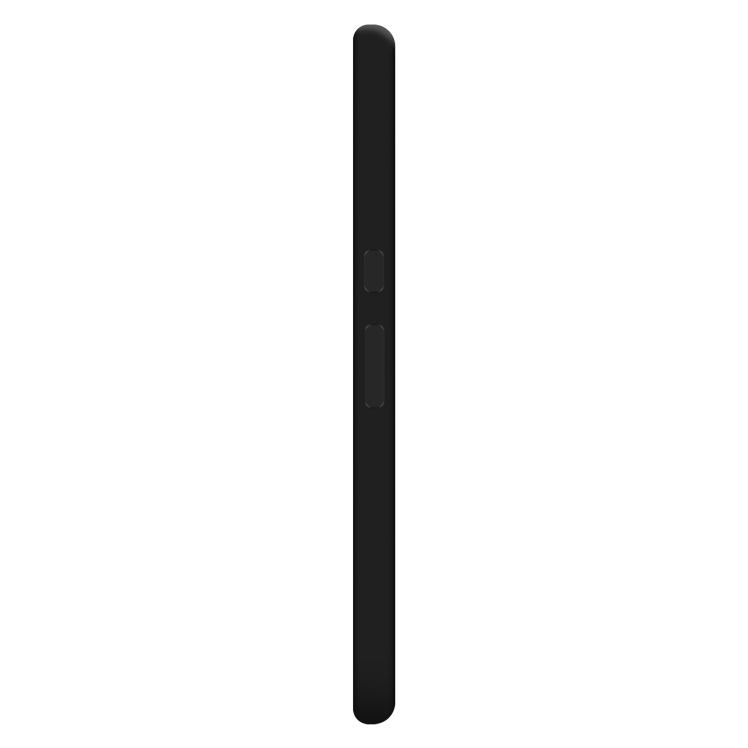 Zijkant van een zwarte smartphone. Met volumeknoppen en een aan/uit-knop.