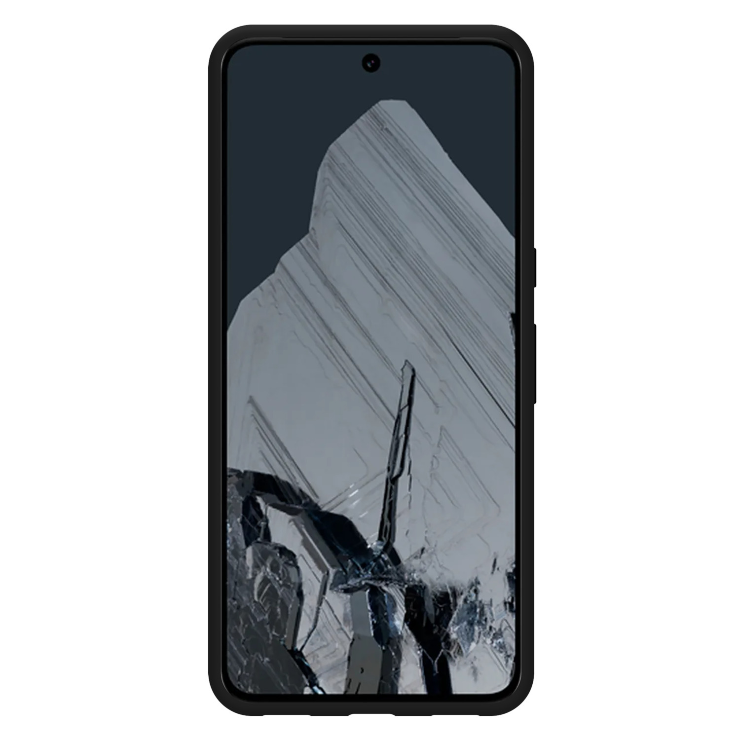 Smartphone met een zwarte hoes. Het scherm toont een abstract, grijs, bergachtig patroon.