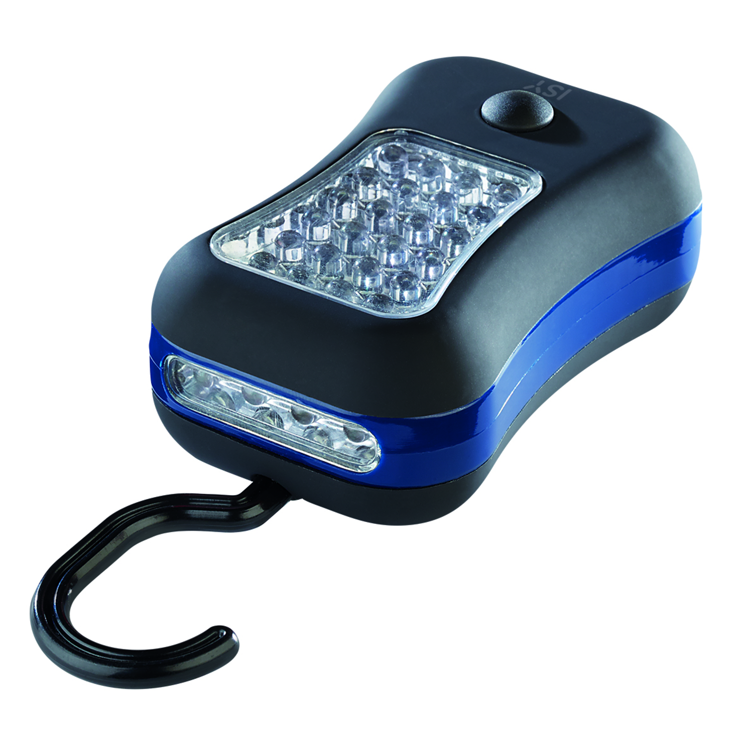 A black and blue LED work light with a hook, on a white background.
