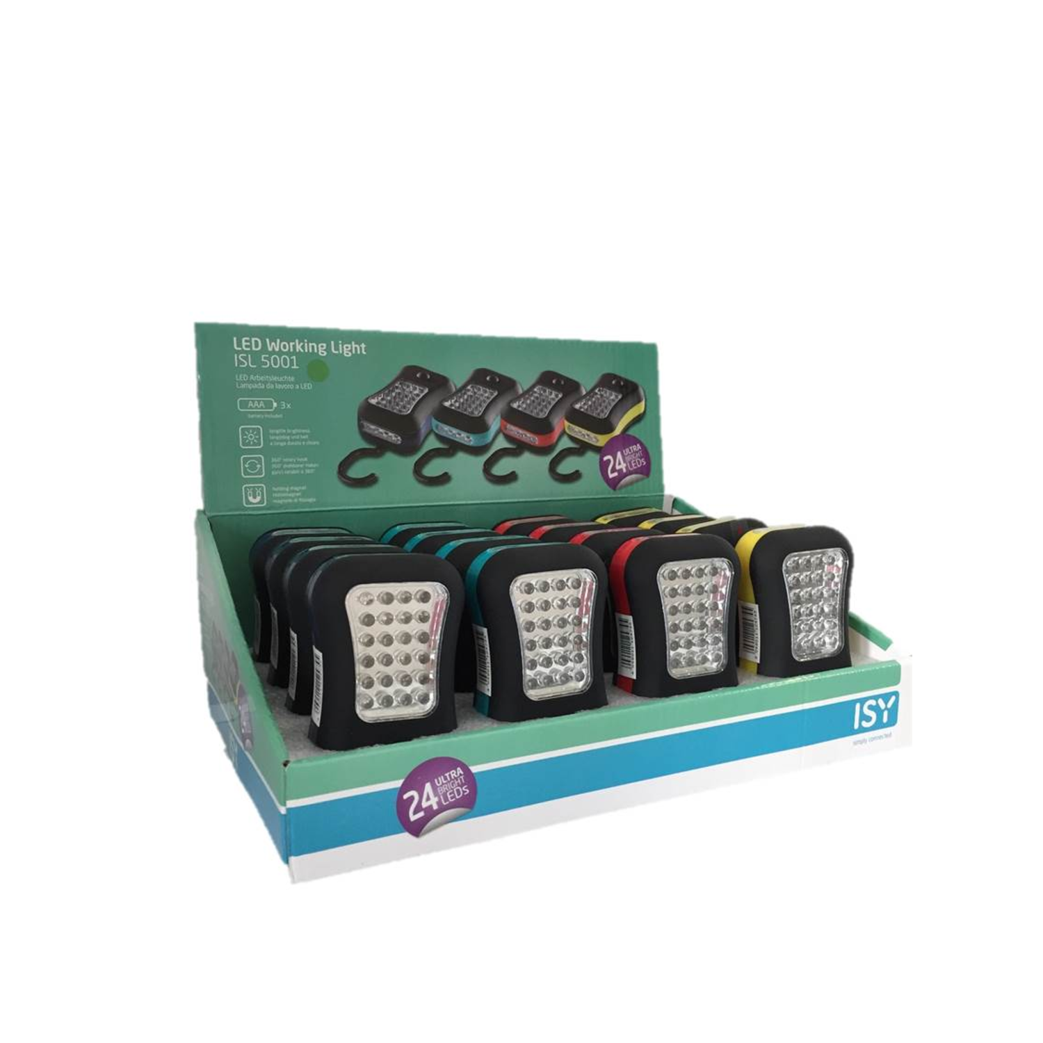 Display of LED working lights in a box, various colors.