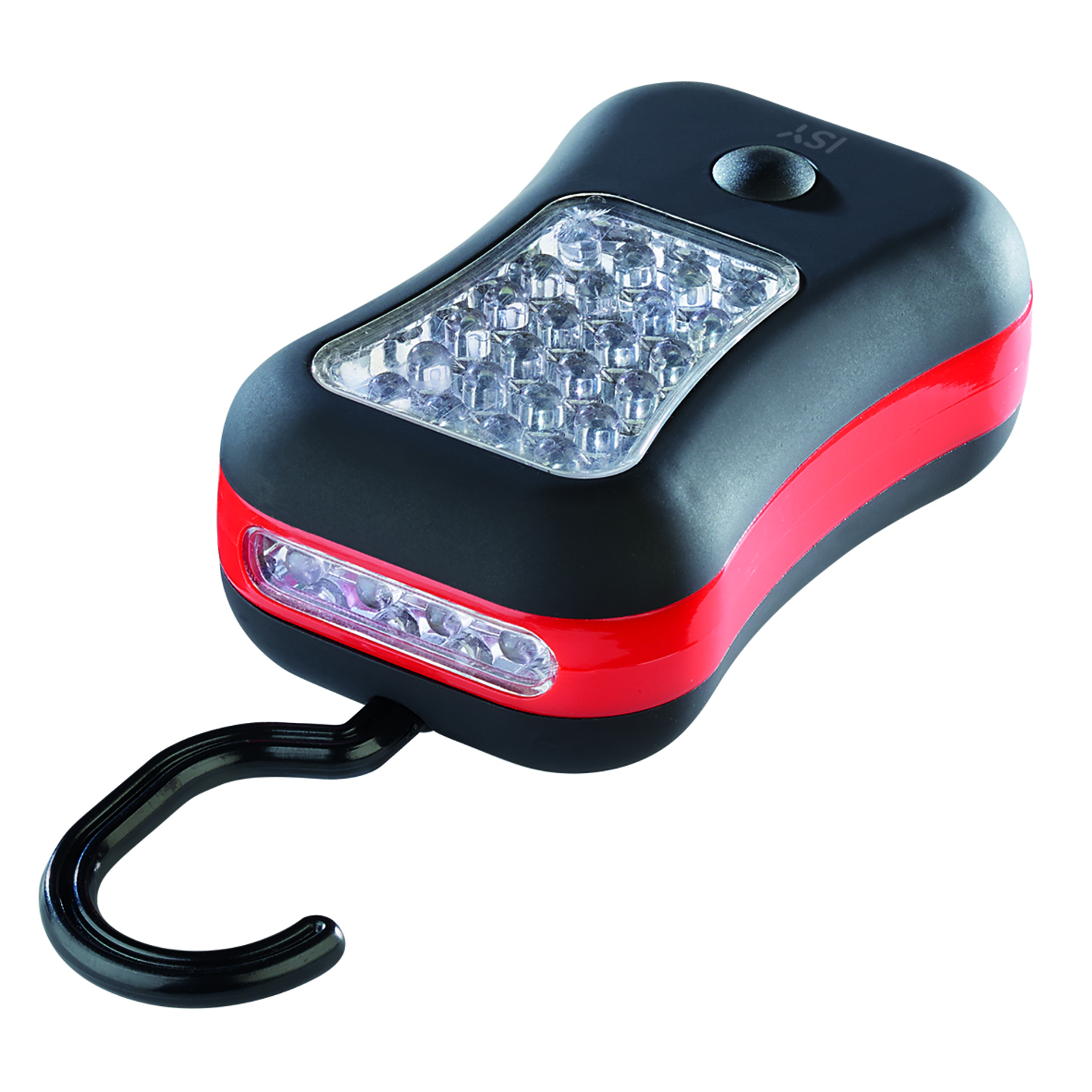 Black and red LED flashlight with a hook, angled view on a white background.