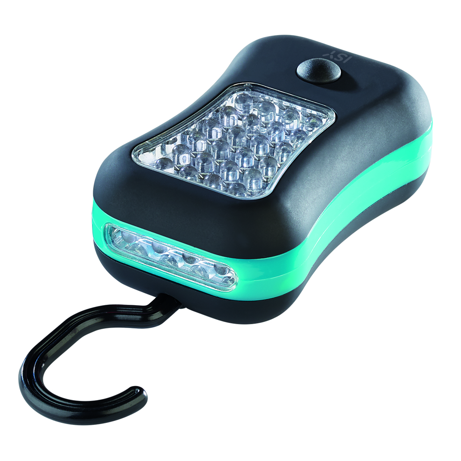 Black and green LED flashlight with a hook, on a white background.