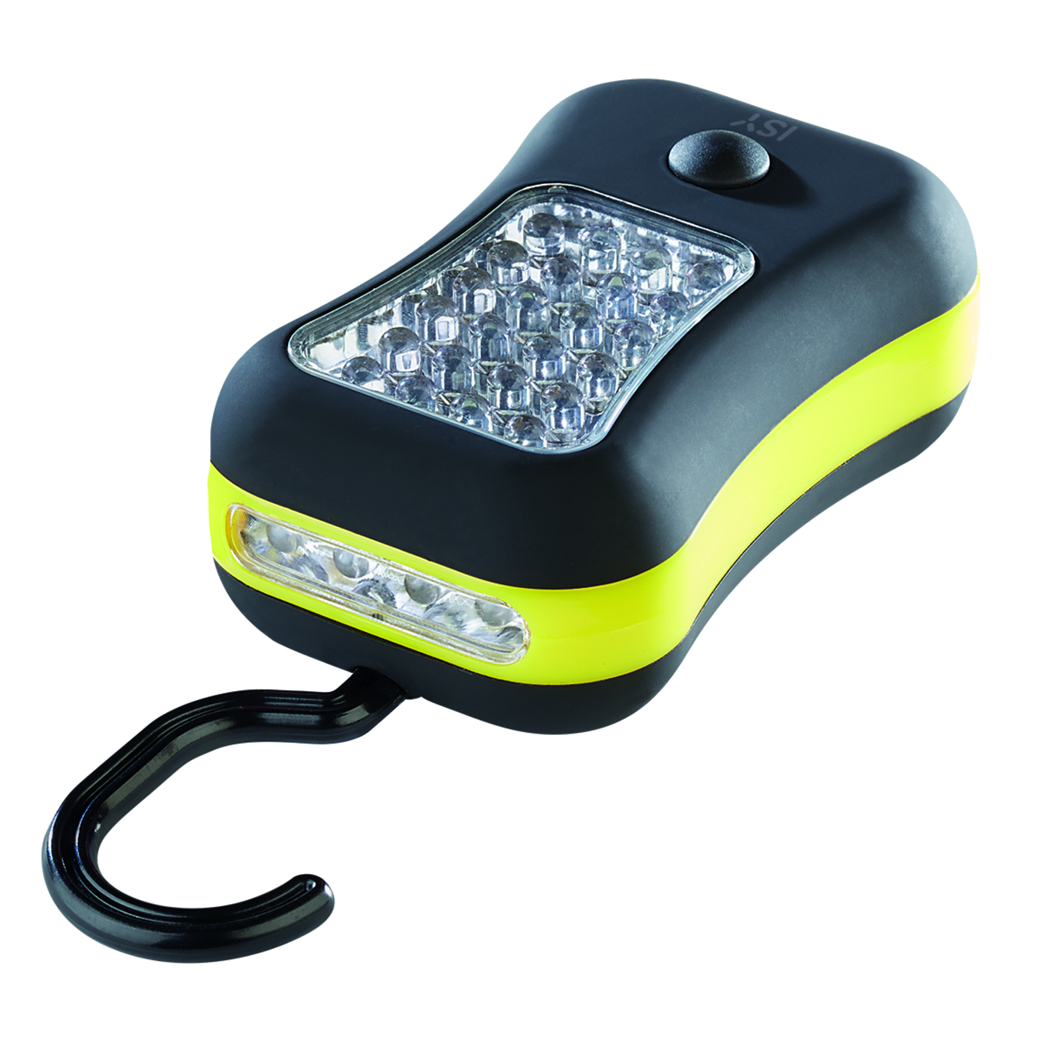 A black and yellow LED working light with a hook.