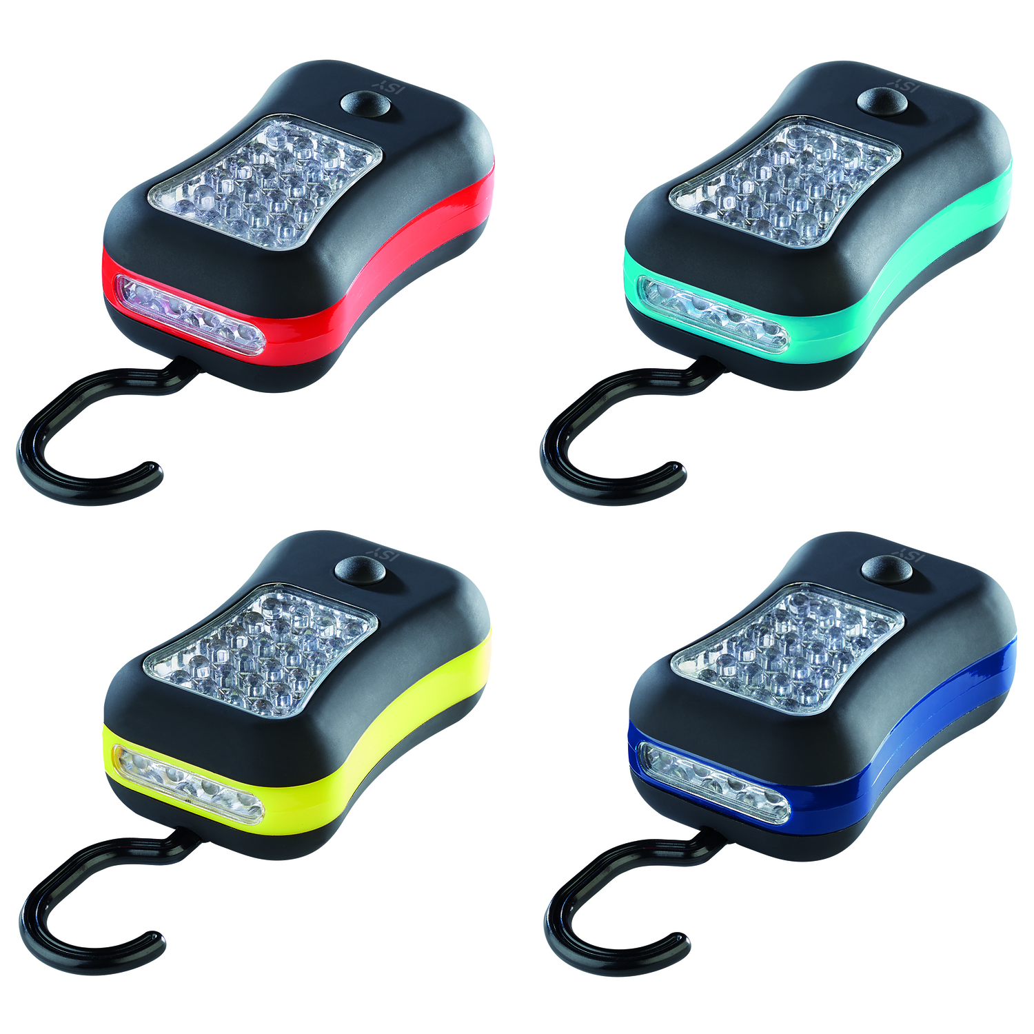 Four black flashlights with different colored accents: red, green, yellow and blue, each with a hook.