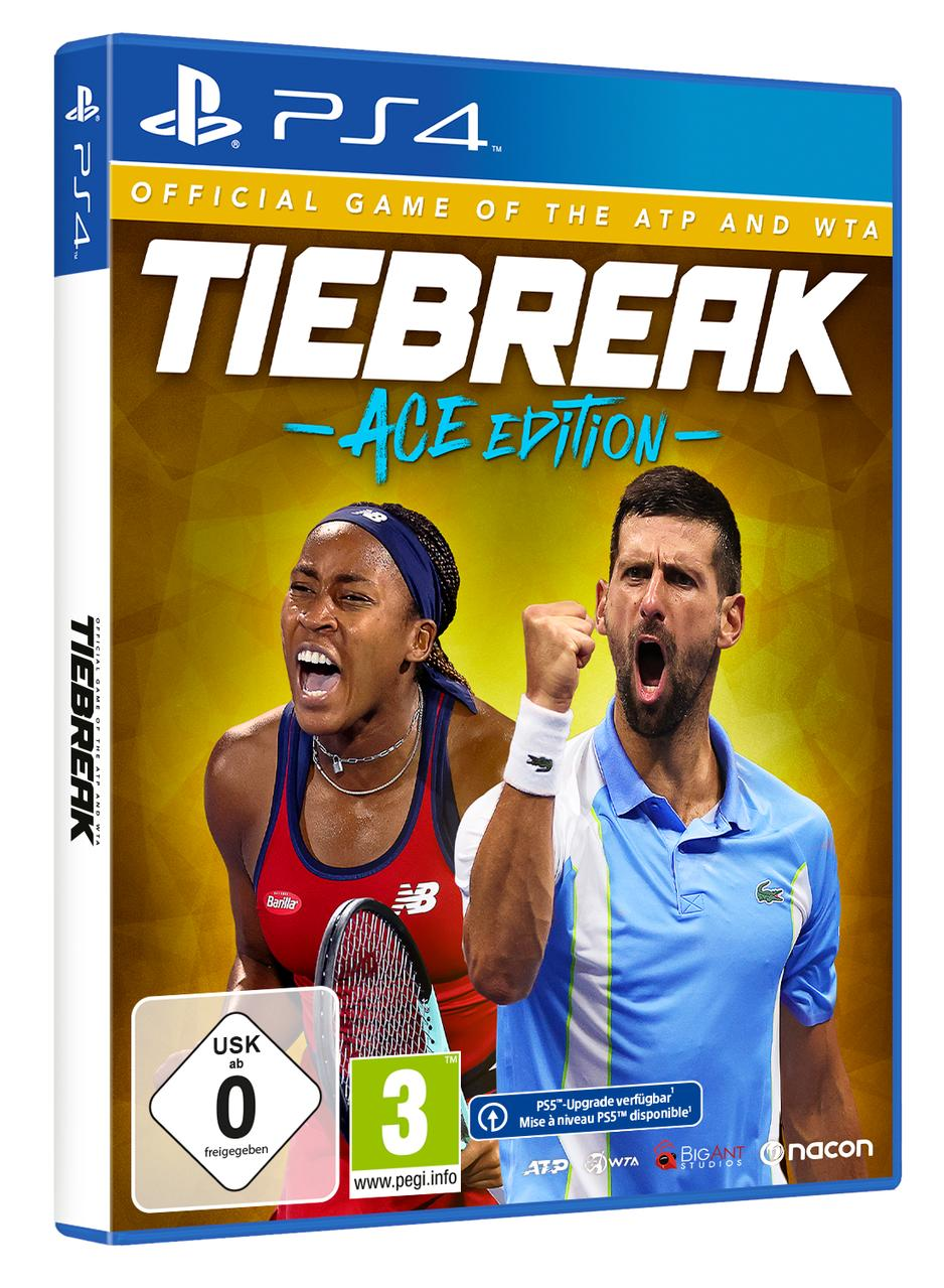 PS4-Spielcover: Tennisspieler, Titel 'Tiebreak Ace Edition' und Spieldetails.