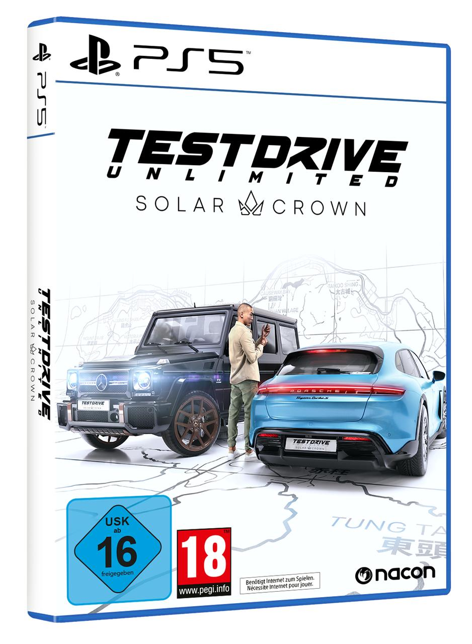 PS5-Spielbox: Test Drive Unlimited Solar Crown, mit Autobildern und Charakteren.