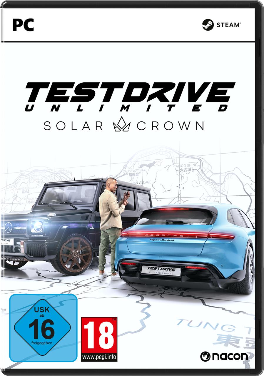 Spielcover zeigt Autos, einen Mann mit Telefon und den Titel 'Test Drive Unlimited Solar Crown'.