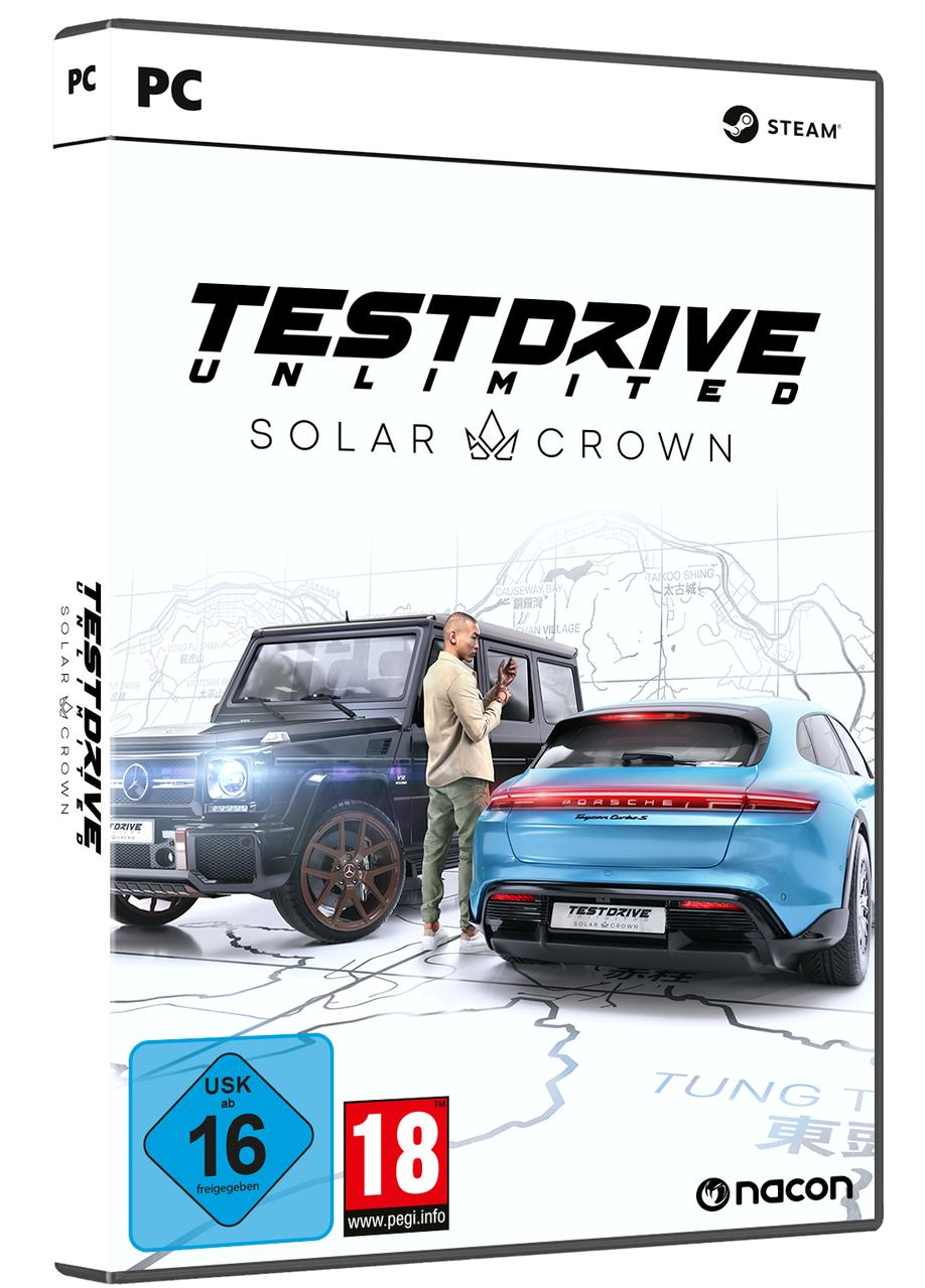 Spielbox für 'Test Drive Unlimited Solar Crown'. Zeigt Auto und Mann auf dem Cover.