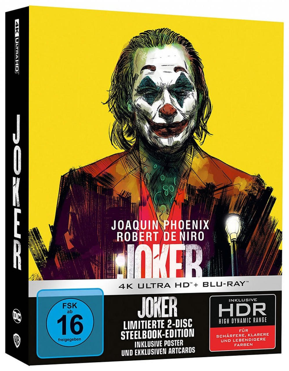 Das Joker-Filmcover auf einer Blu-ray-Box. Mit Joaquin Phoenix und Robert De Niro. Gelber Hintergrund.