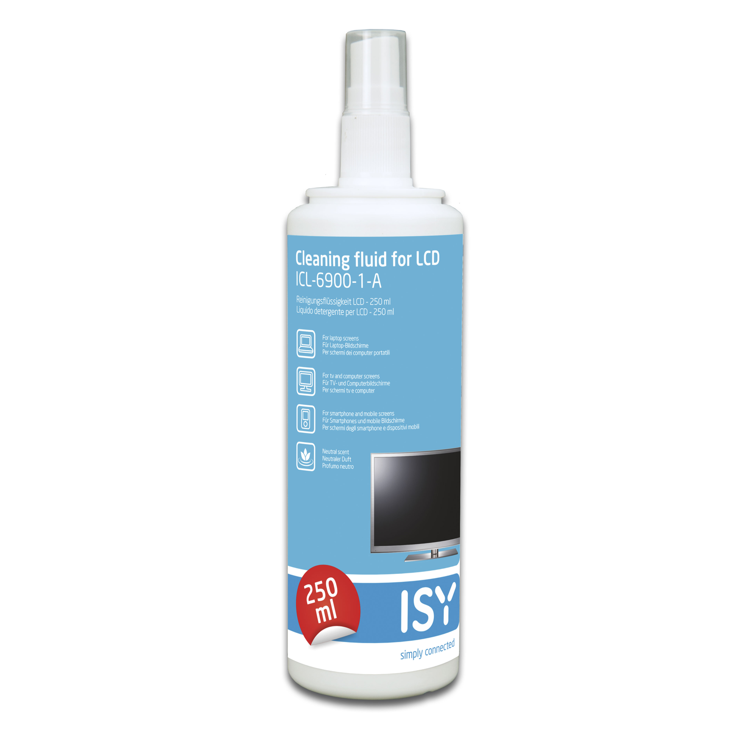 Cleaning fluid spray bottle for LCD screens with product information.